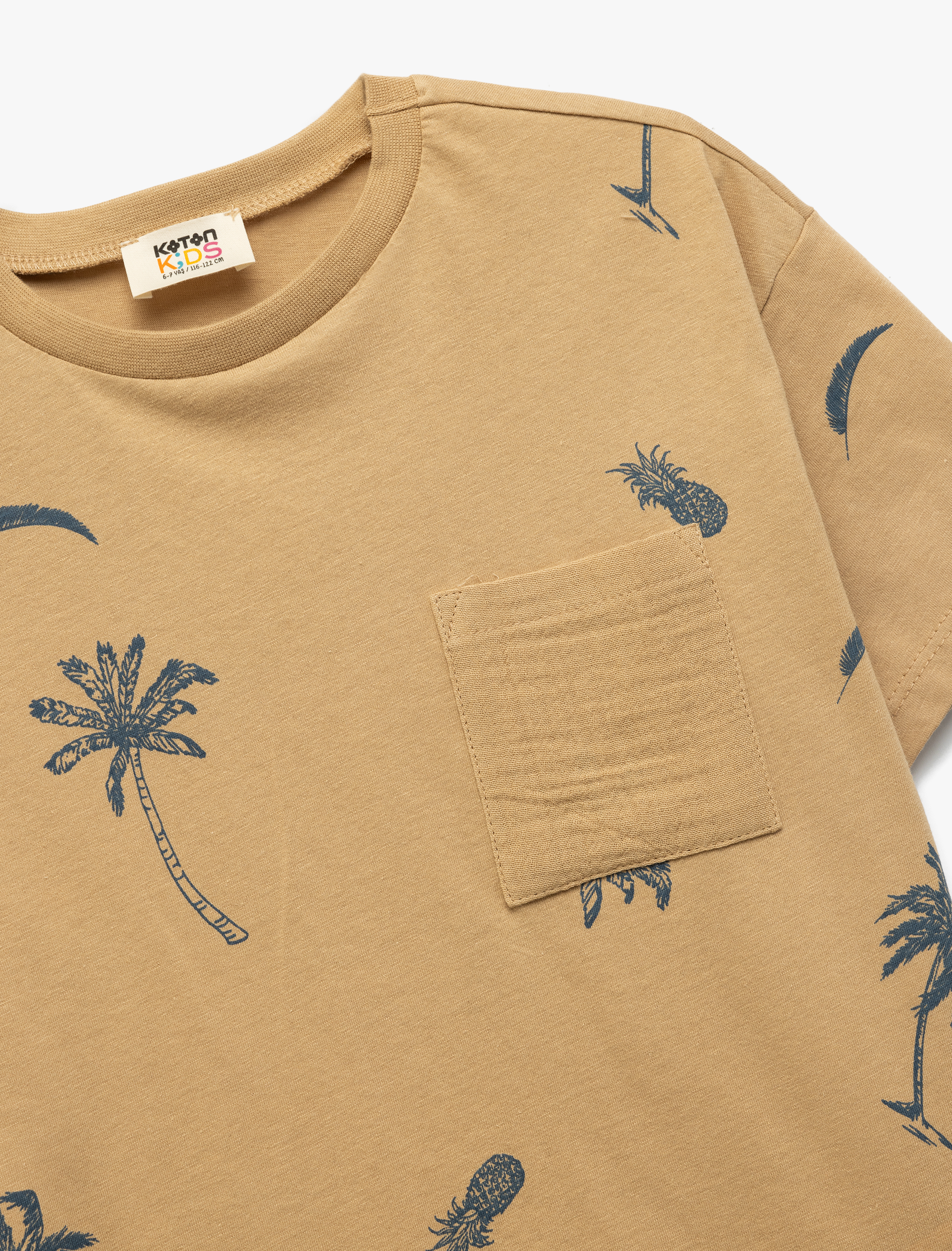  Erkek Çocuk Palmiye Baskılı Kısa Kollu Bisiklet Yaka Pamuklu Tişört