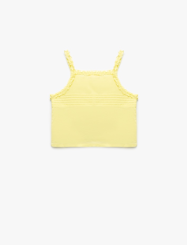 Kız Çocuk İnce Askılı Dokulu Fırfır Detaylı Düğmeli Bluz