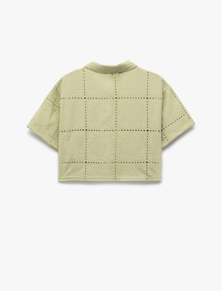 Kız Çocuk Kısa Kollu Brodeli Pamuklu Crop Gömlek