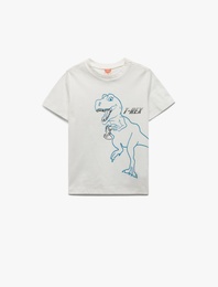 Dinozor Baskılı Kısa Kollu Bisiklet Yaka Pamuklu Tişört