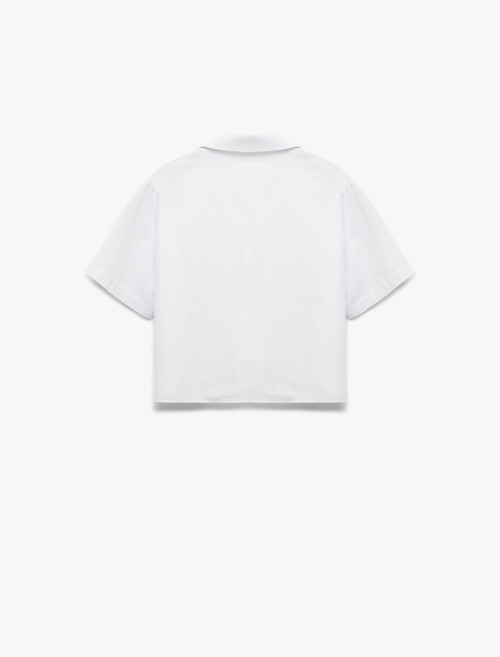  Pamuklu Cepli Kaçık Yaka Kısa Kollu Crop Gömlek