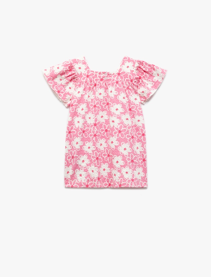 Kız Bebek Kısa Kollu Kare Yaka A Kesim Pamuklu Çiçekli Elbise