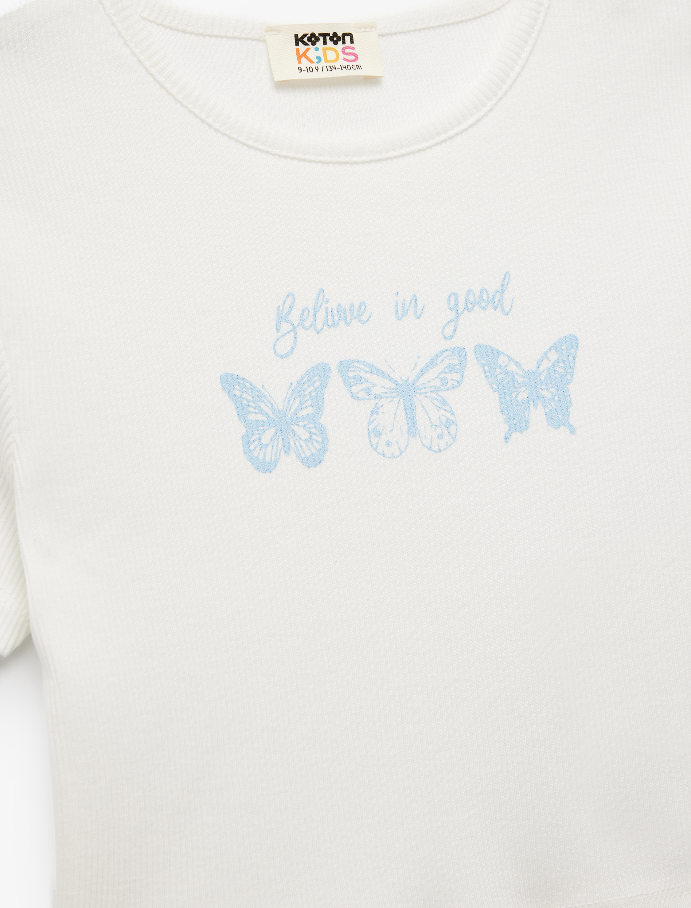  Kız Çocuk Kelebek Baskılı Kısa Kollu Bisiklet Yaka Pamuklu Crop Tişört