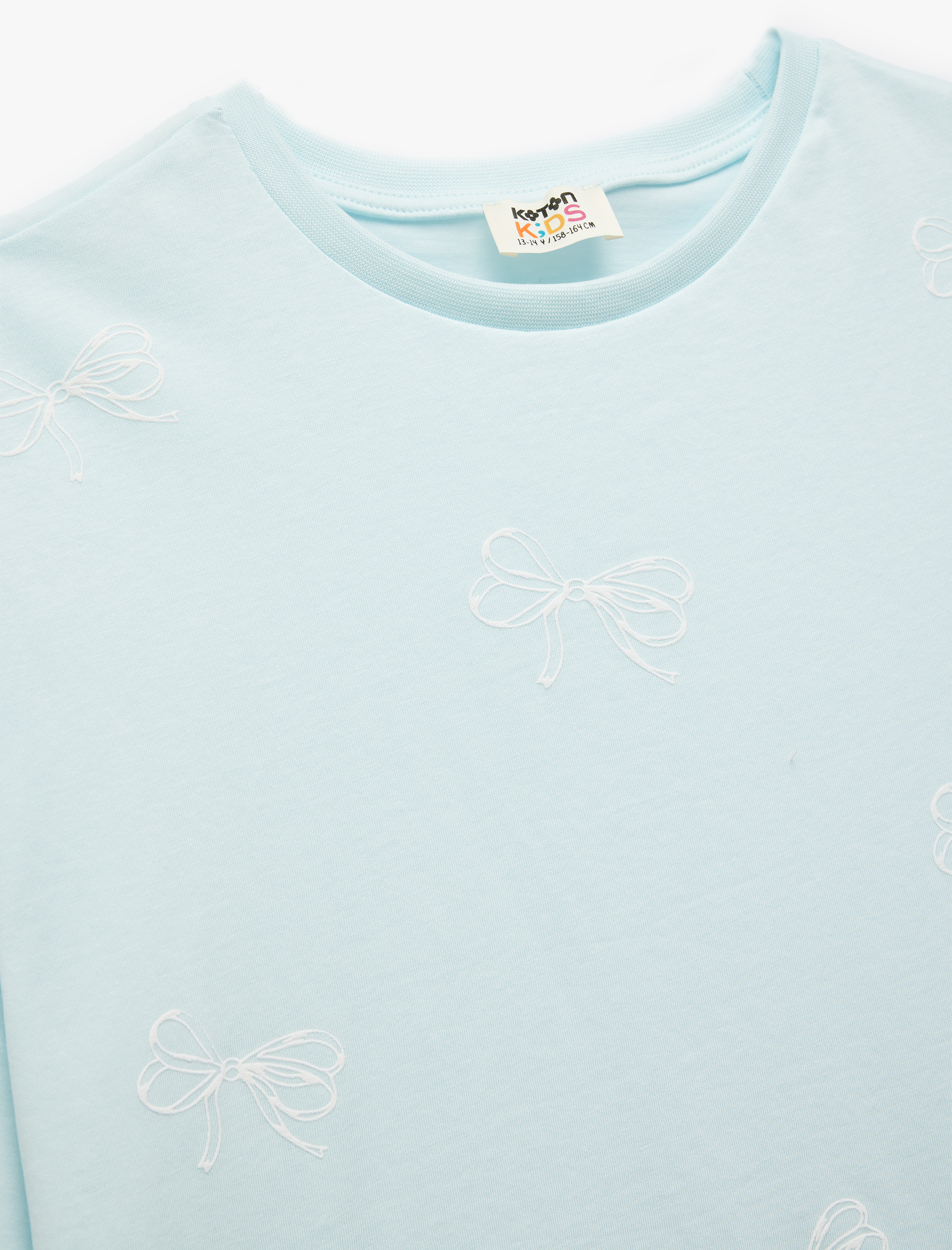  Kız Çocuk Fiyonk Baskılı Kısa Kollu Bisiklet Yaka Pamuklu Tişört