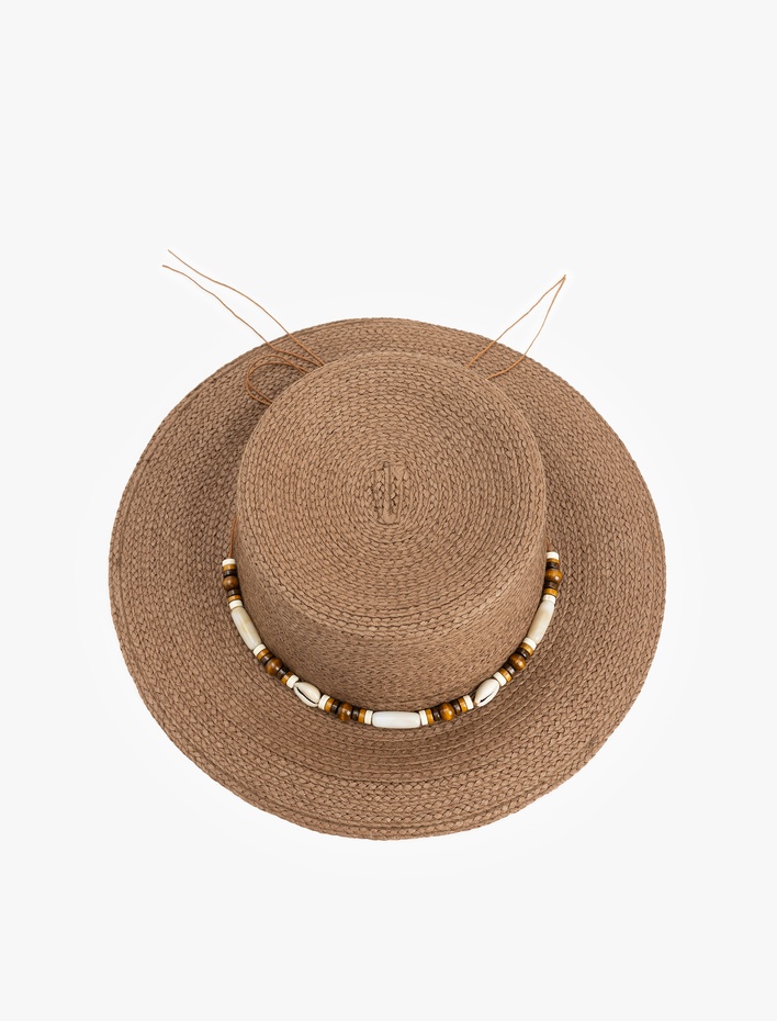 Kadın Boncuk ve Deniz Kabuğu Detaylı Hasır Şapka