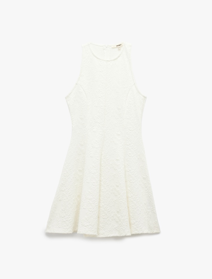  Floral Dokulu Kolsuz Bisiklet Yaka Mini Elbise