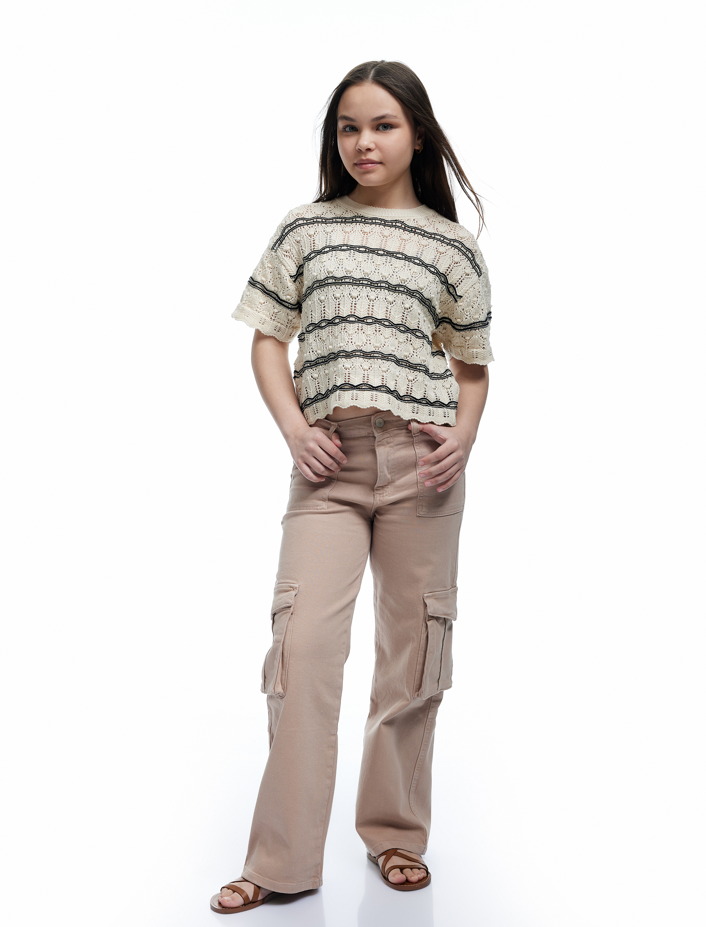  Kız Çocuk Kargo Cepli Düğme Detaylı Pamuklu Denim Pantolon