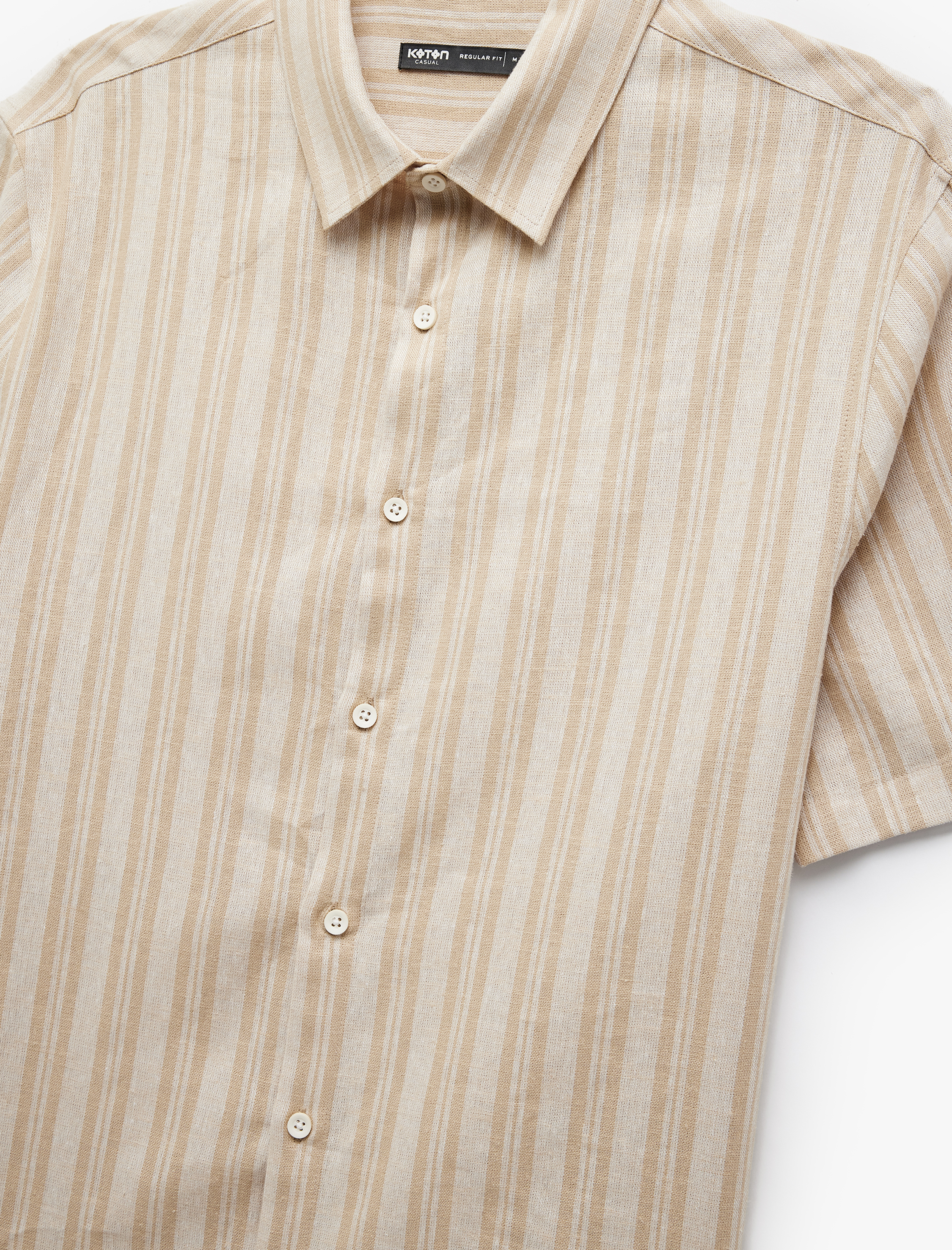   Kısa Kollu Regular Fit Çizgili Keten Karışımlı Gömlek