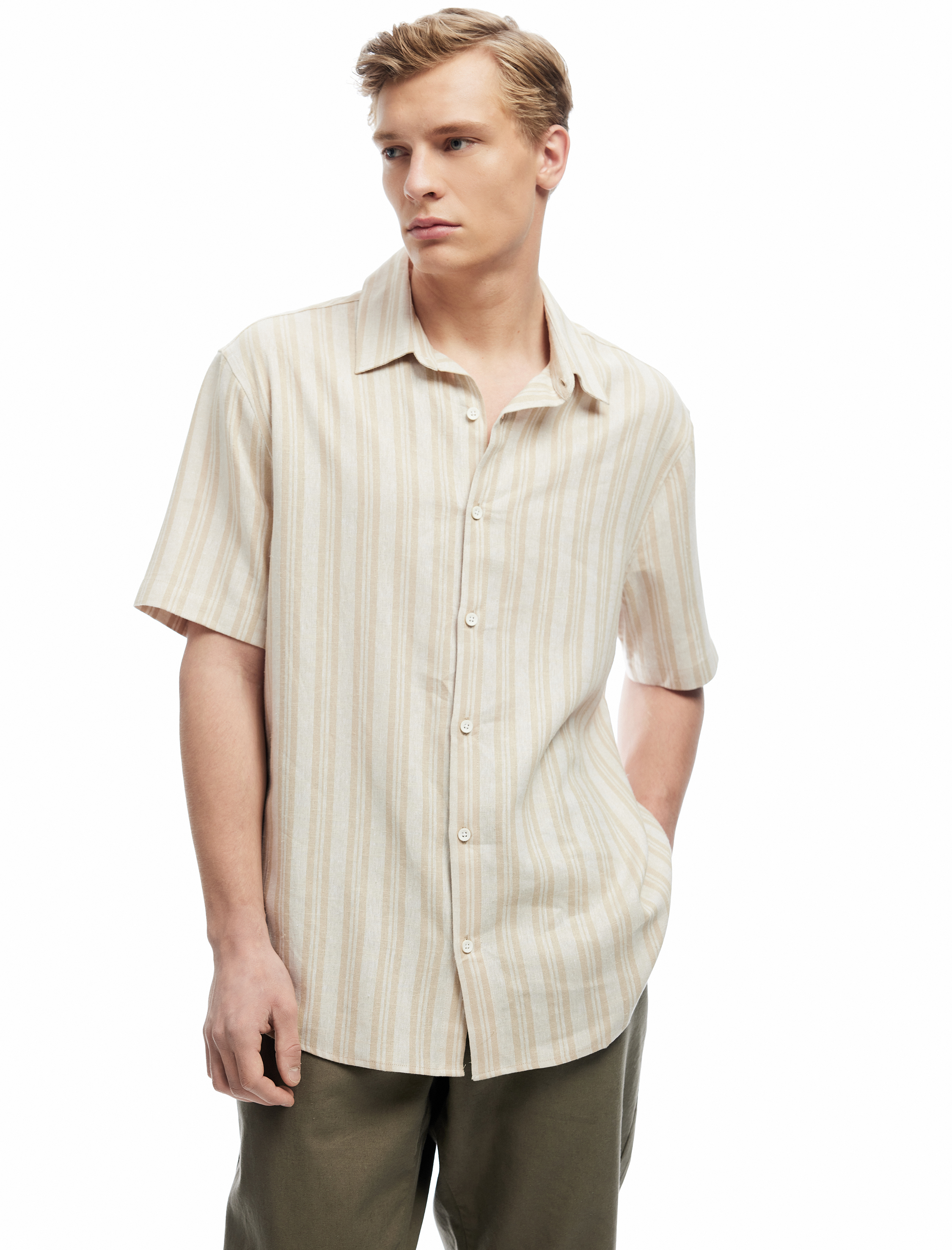   Kısa Kollu Regular Fit Çizgili Keten Karışımlı Gömlek