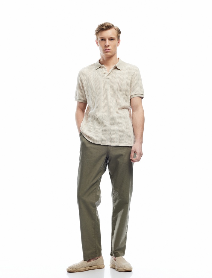  Keten Pamuk Karışımlı Beli Bağcıklı Chino Pantolon