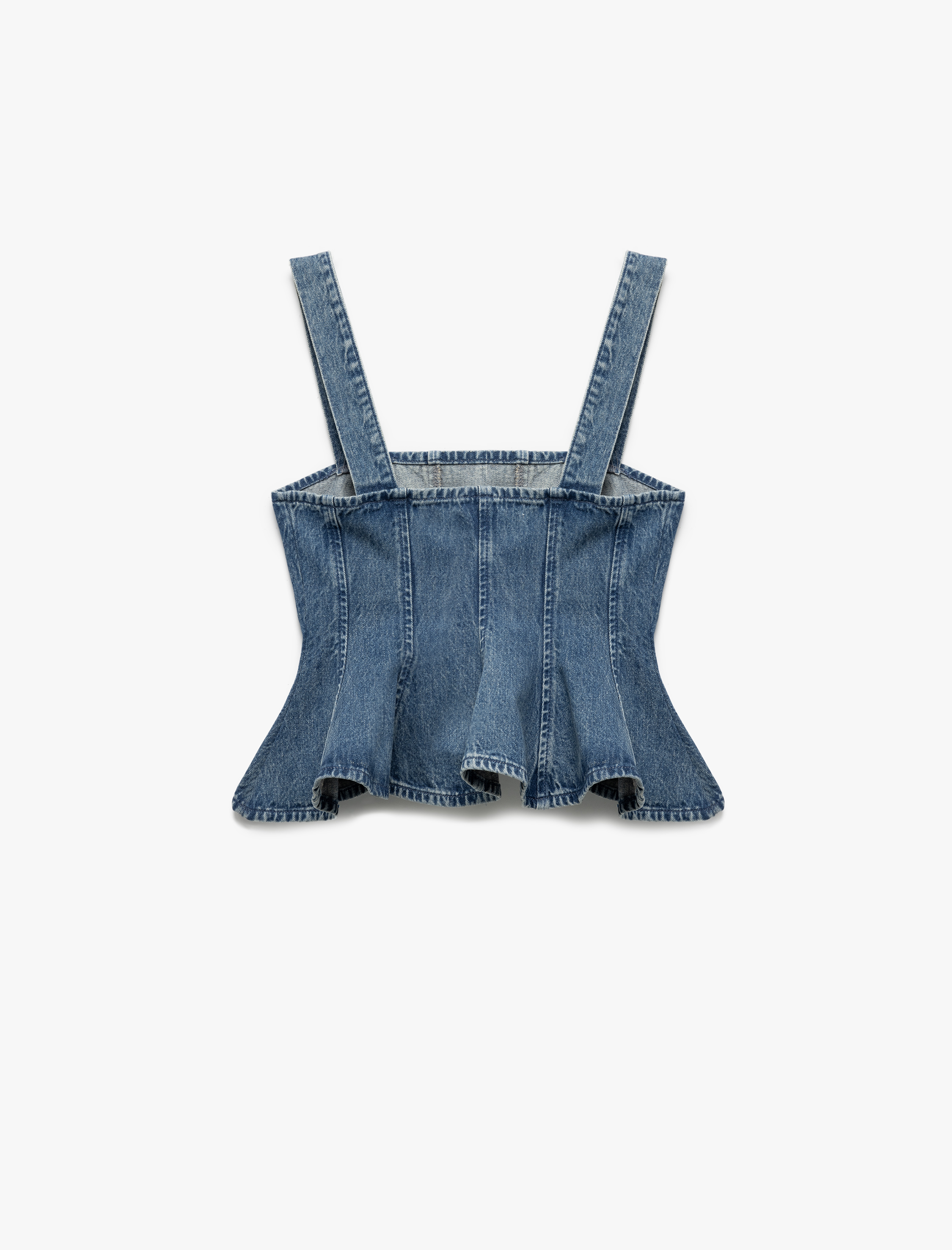   Koton X Sima Tarkan - Kalın Askılı Pileli Kare Yaka Dar Kalıp Volanlı Denim Bluz