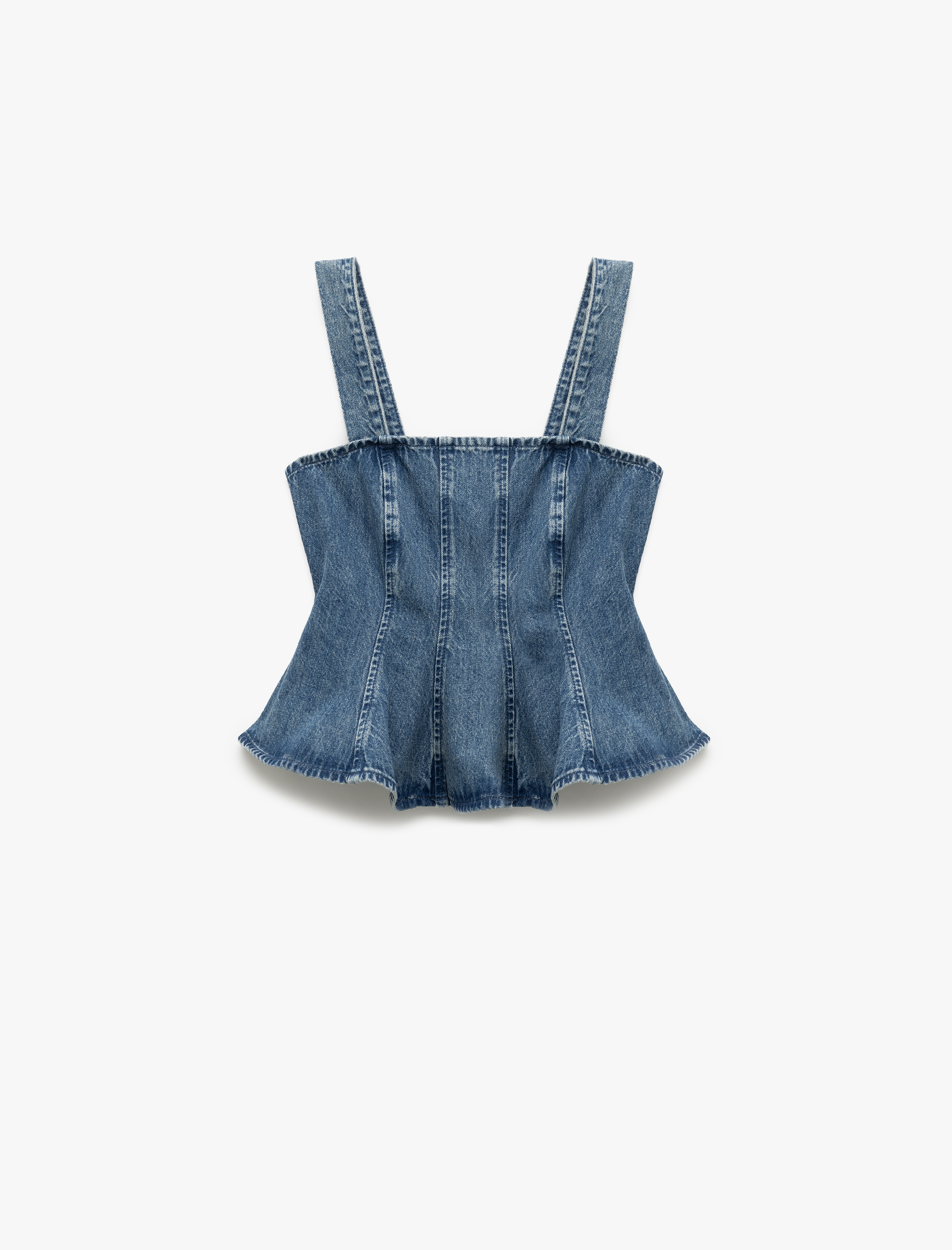   Koton X Sima Tarkan - Kalın Askılı Pileli Kare Yaka Dar Kalıp Volanlı Denim Bluz