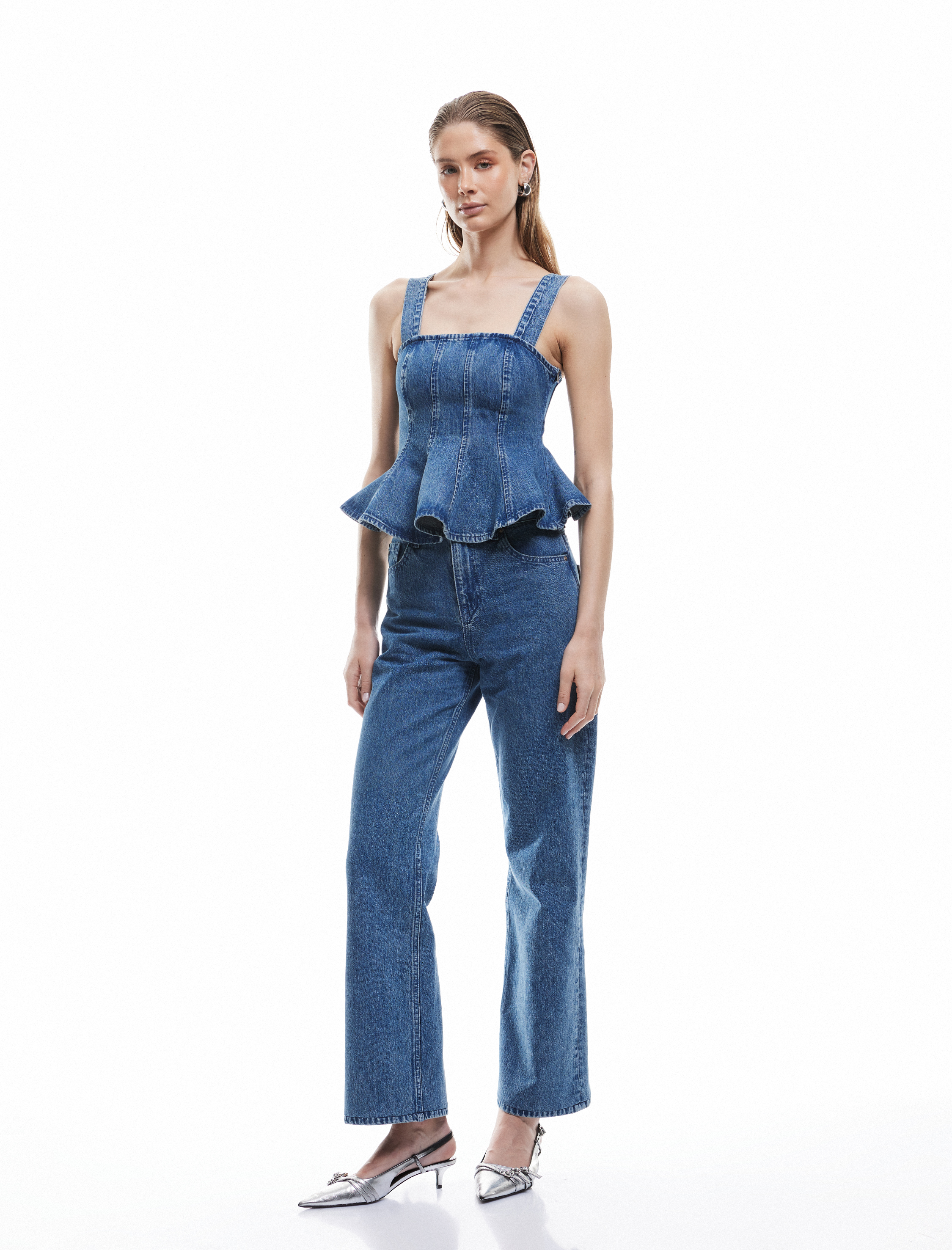   Koton X Sima Tarkan - Kalın Askılı Pileli Kare Yaka Dar Kalıp Volanlı Denim Bluz