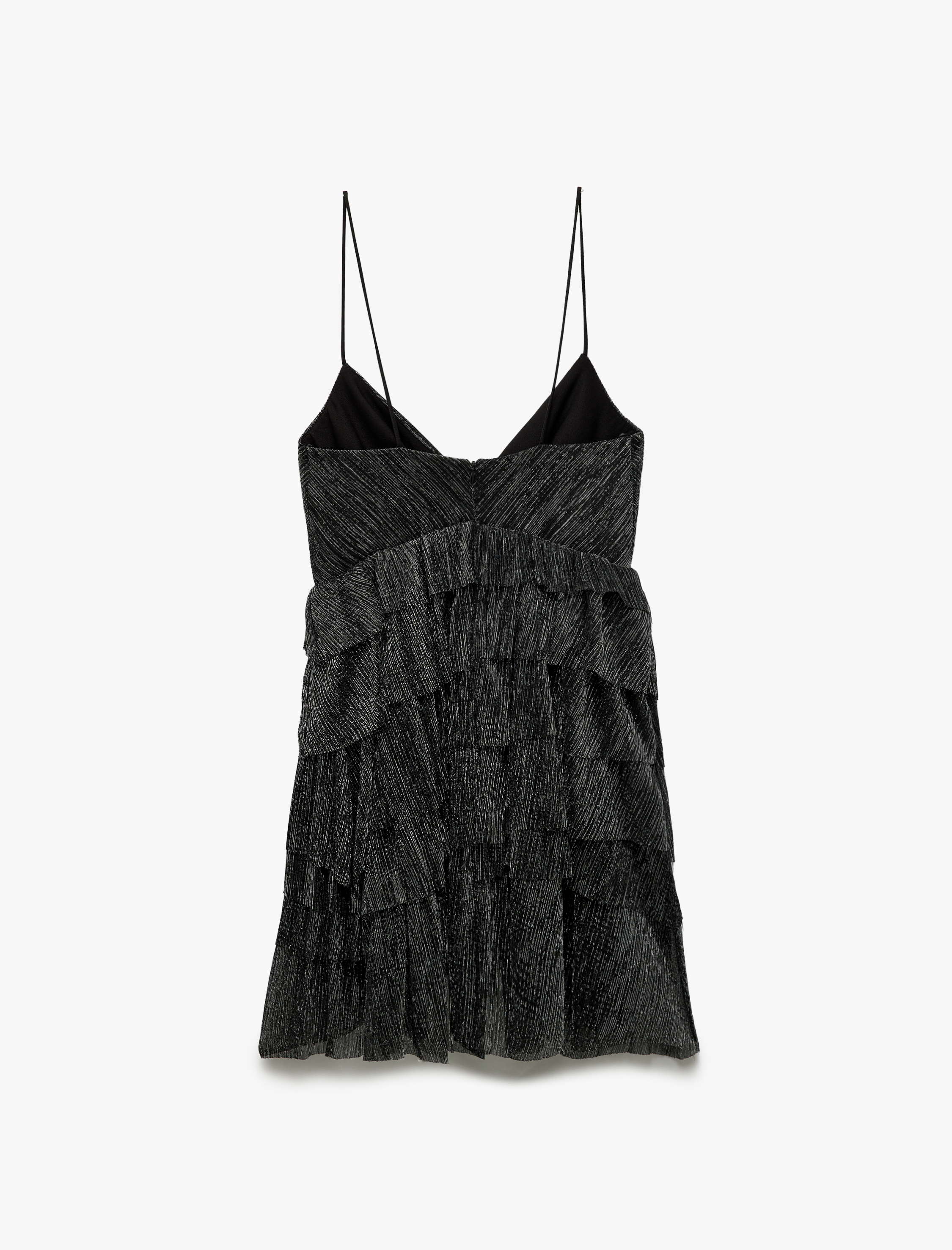 Katlı Simli İp Askılı V Yaka Kolsuz Şifon Mini Elbise