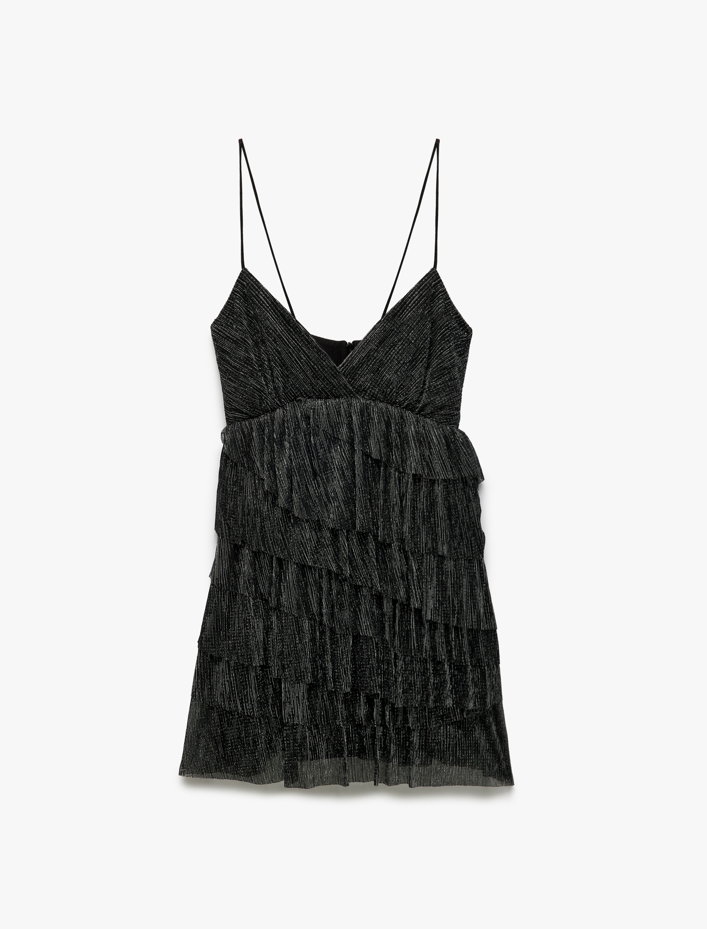 Katlı Simli İp Askılı V Yaka Kolsuz Şifon Mini Elbise