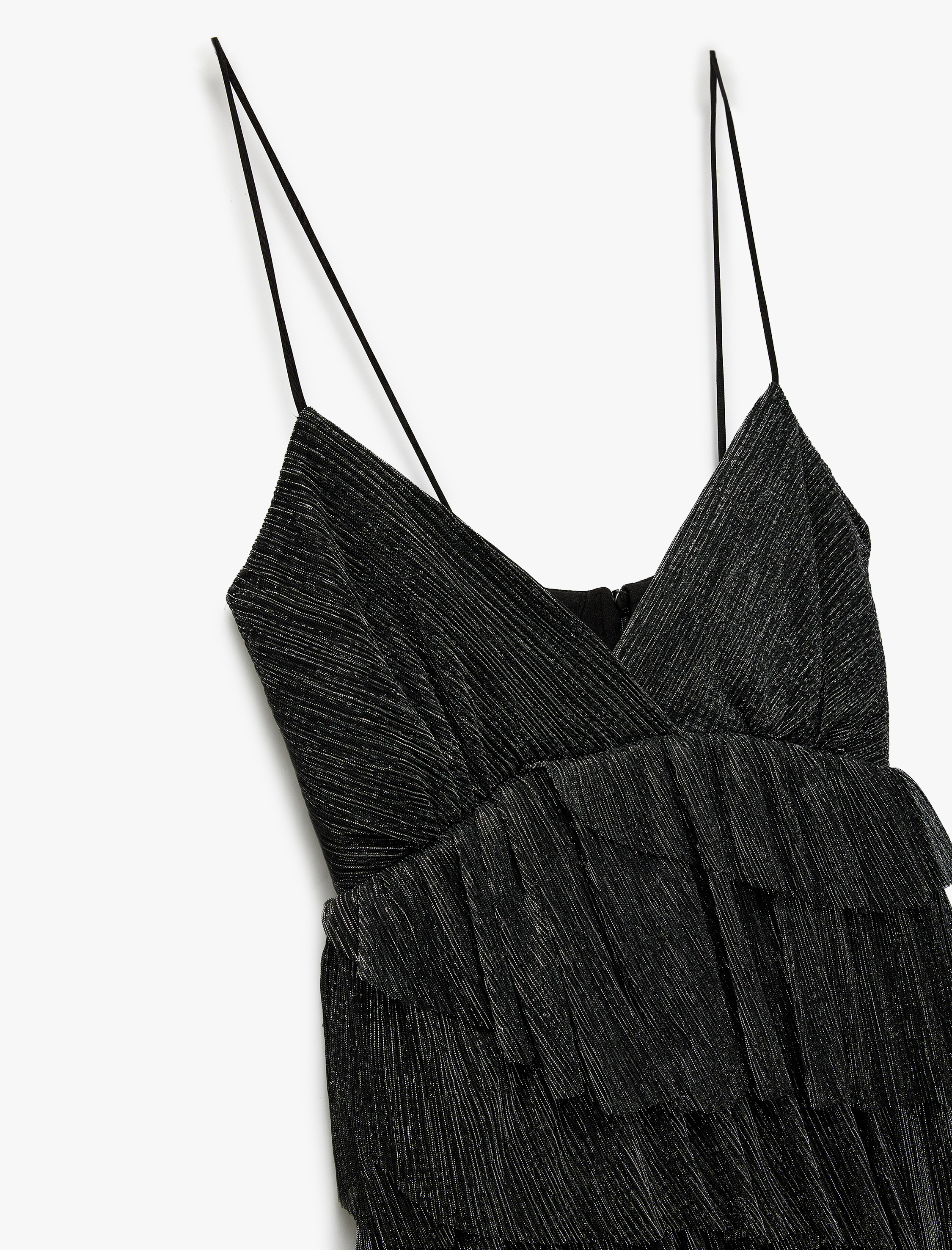 Katlı Simli İp Askılı V Yaka Kolsuz Şifon Mini Elbise