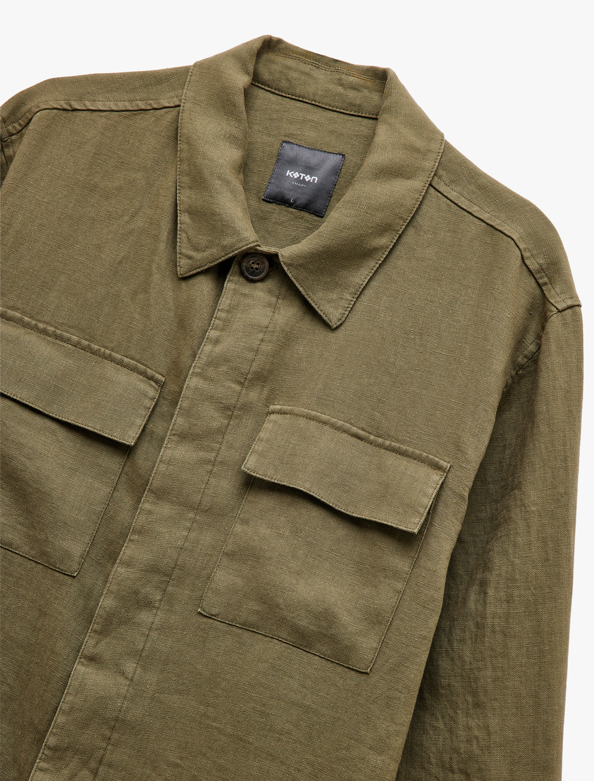   Uzun Kollu Kapaklı Cep Detaylı Regular Fit Klasik Yaka Keten Gömlek Ceket