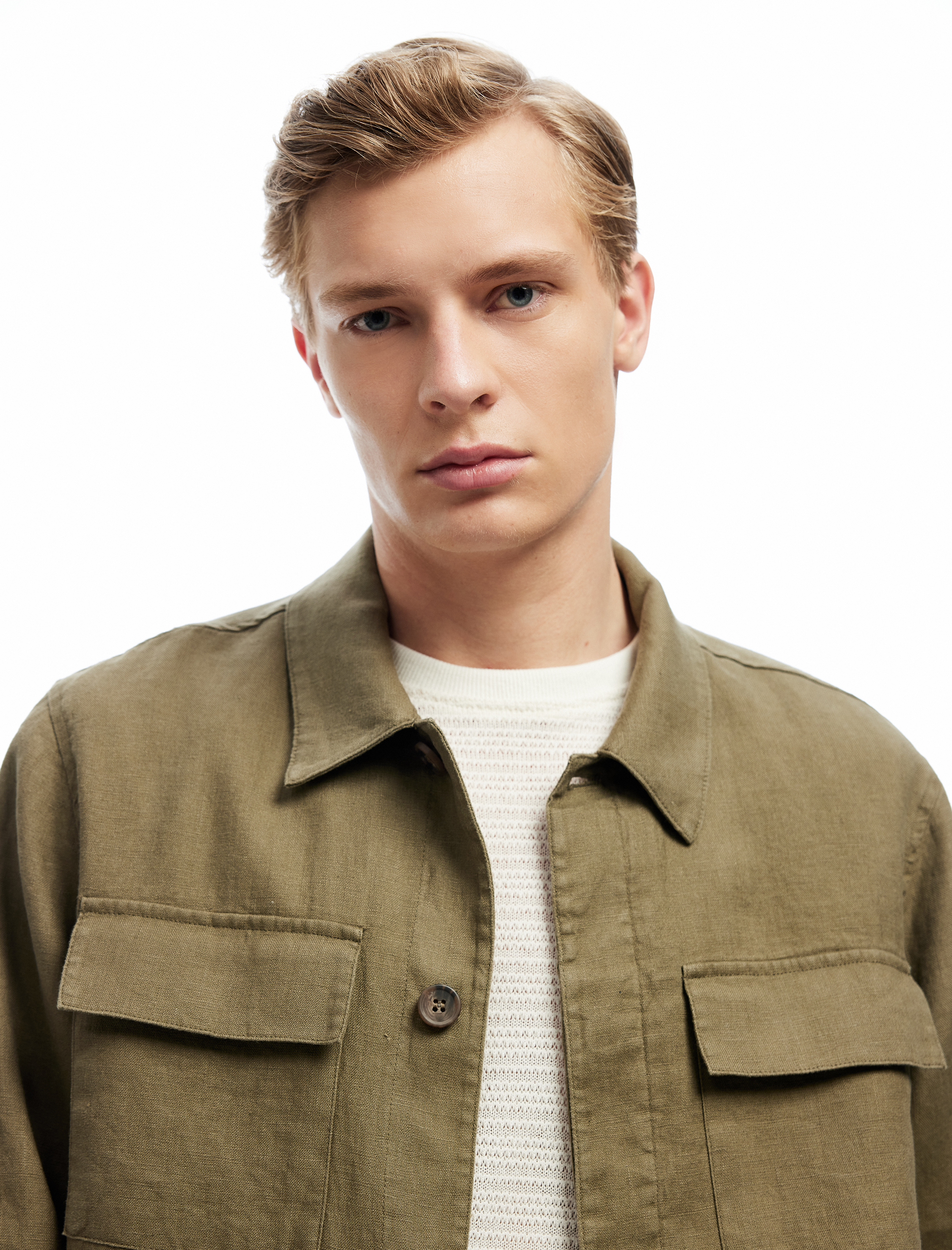   Uzun Kollu Kapaklı Cep Detaylı Regular Fit Klasik Yaka Keten Gömlek Ceket