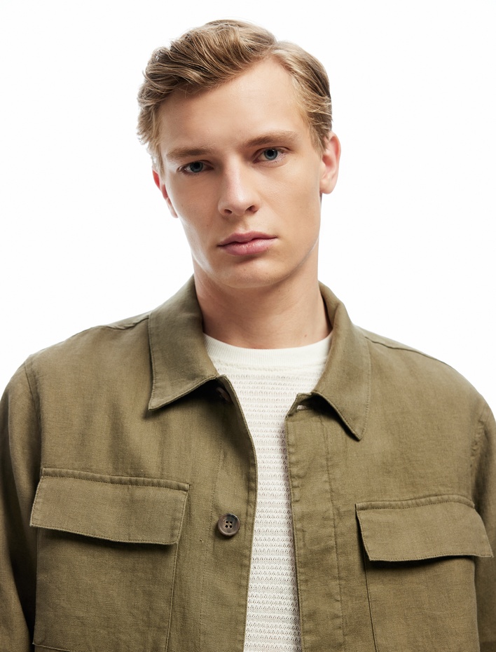  Uzun Kollu Kapaklı Cep Detaylı Regular Fit Klasik Yaka Keten Gömlek Ceket