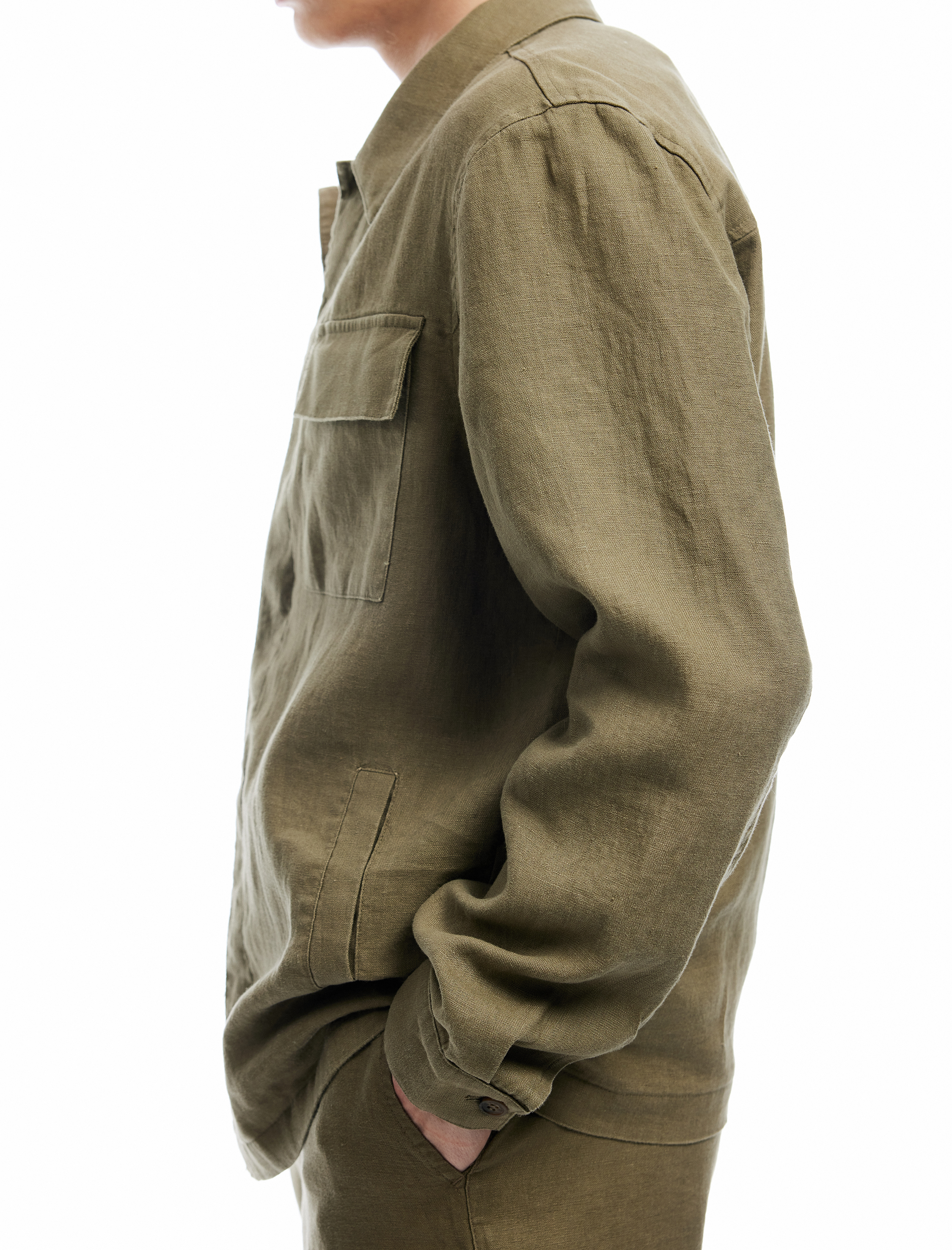   Uzun Kollu Kapaklı Cep Detaylı Regular Fit Klasik Yaka Keten Gömlek Ceket