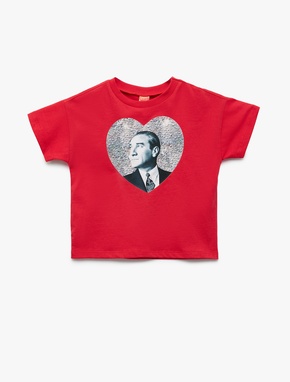 Atatürk Baskılı Kısa Kollu Bisiklet Yaka Pamuklu Tişört