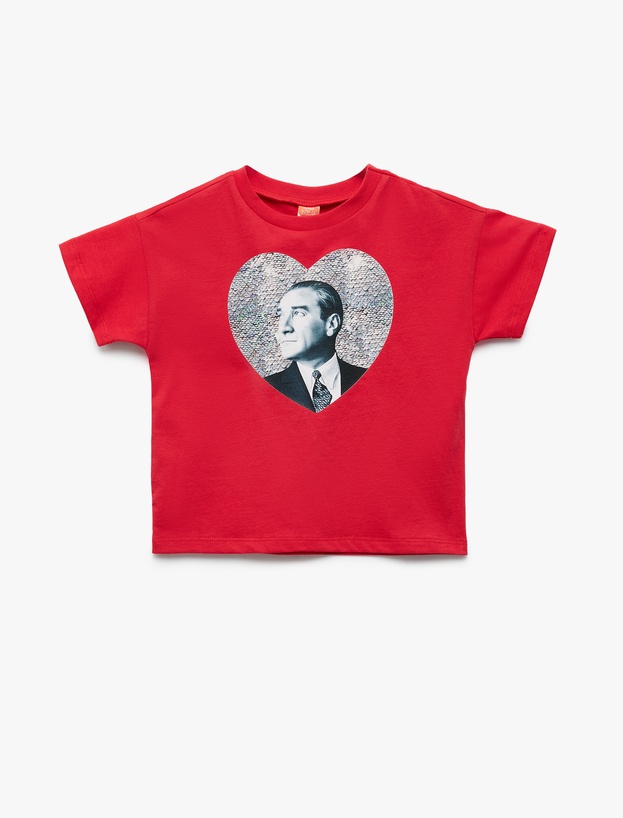 Atatürk Baskılı Kısa Kollu Bisiklet Yaka Pamuklu Tişört_0