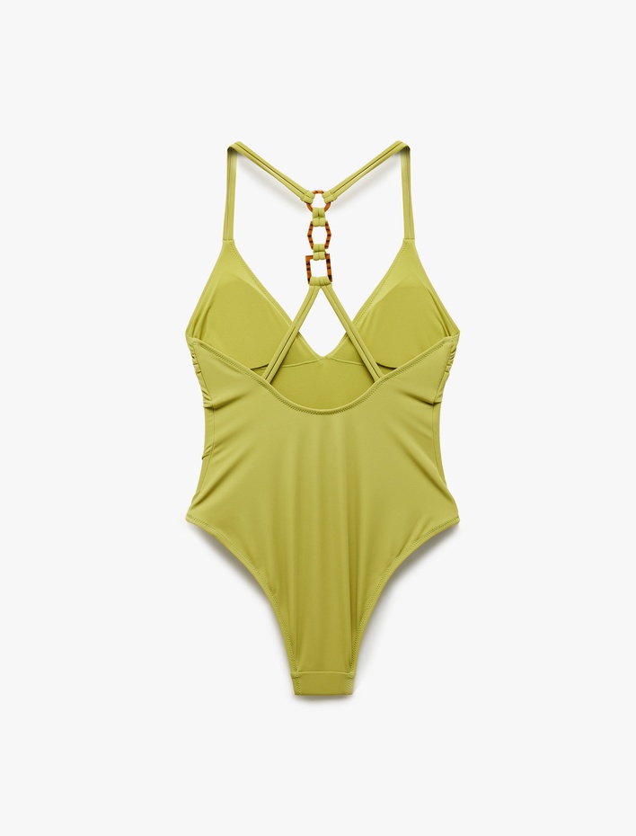  Hafif Destekli V Yaka Aksesuar Detaylı Mayo