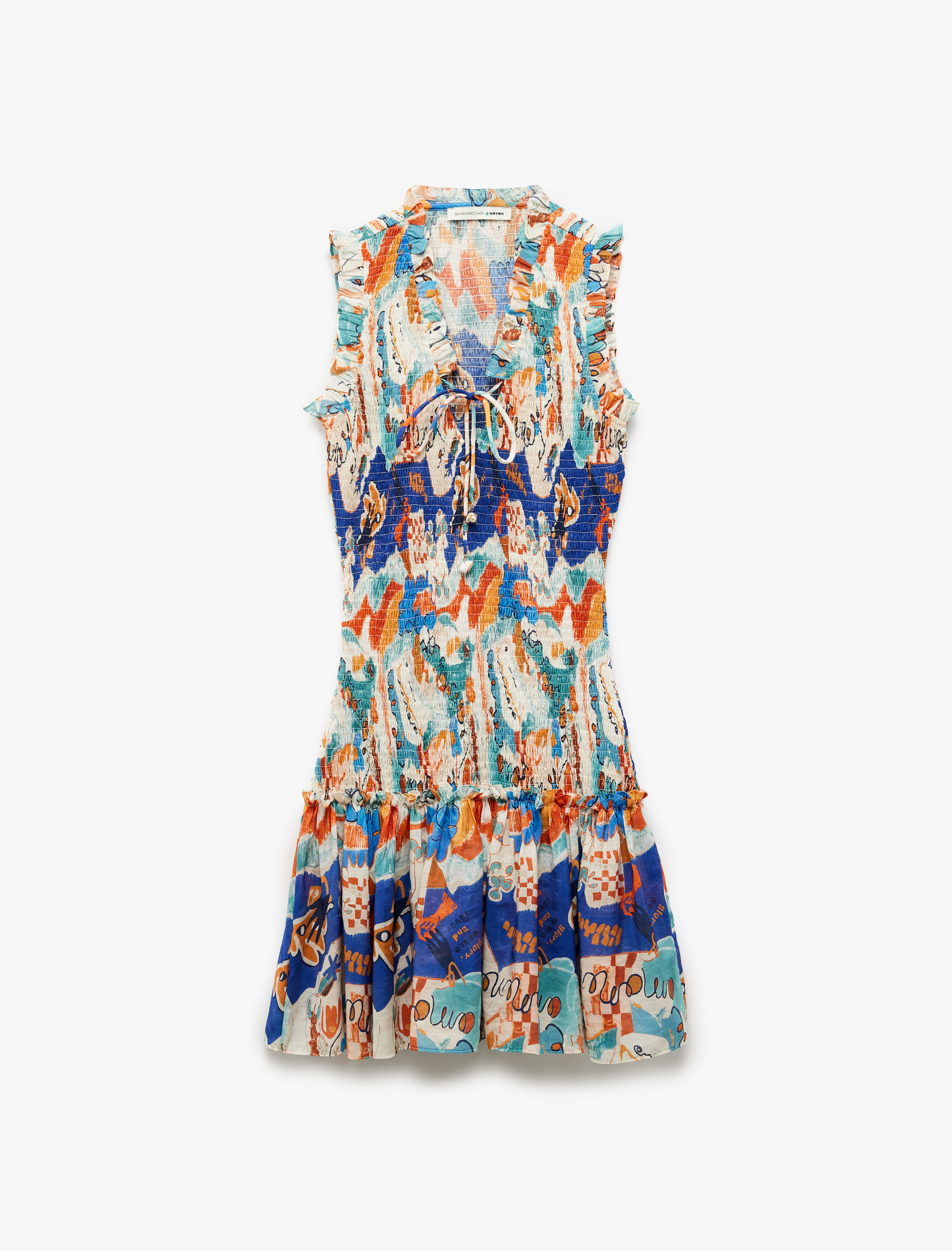   Koton X Şahika Ercümen - Etnik Desenli Bağlamalı Yaka Kolsuz Gipeli Fırfırlı Mini Elbise