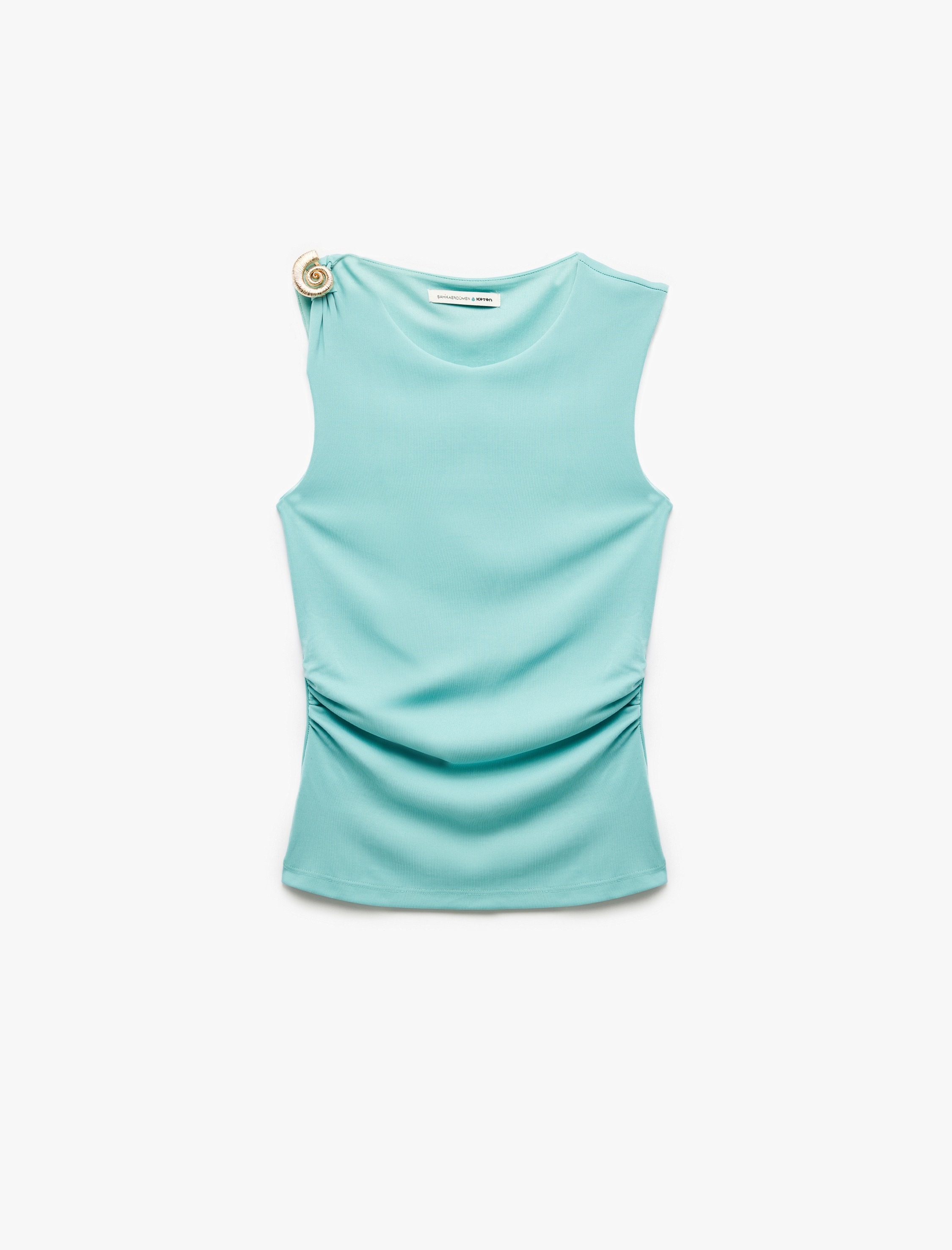   Deniz Kabuğu Aksesuar Detaylı Drapeli Kolsuz Bluz