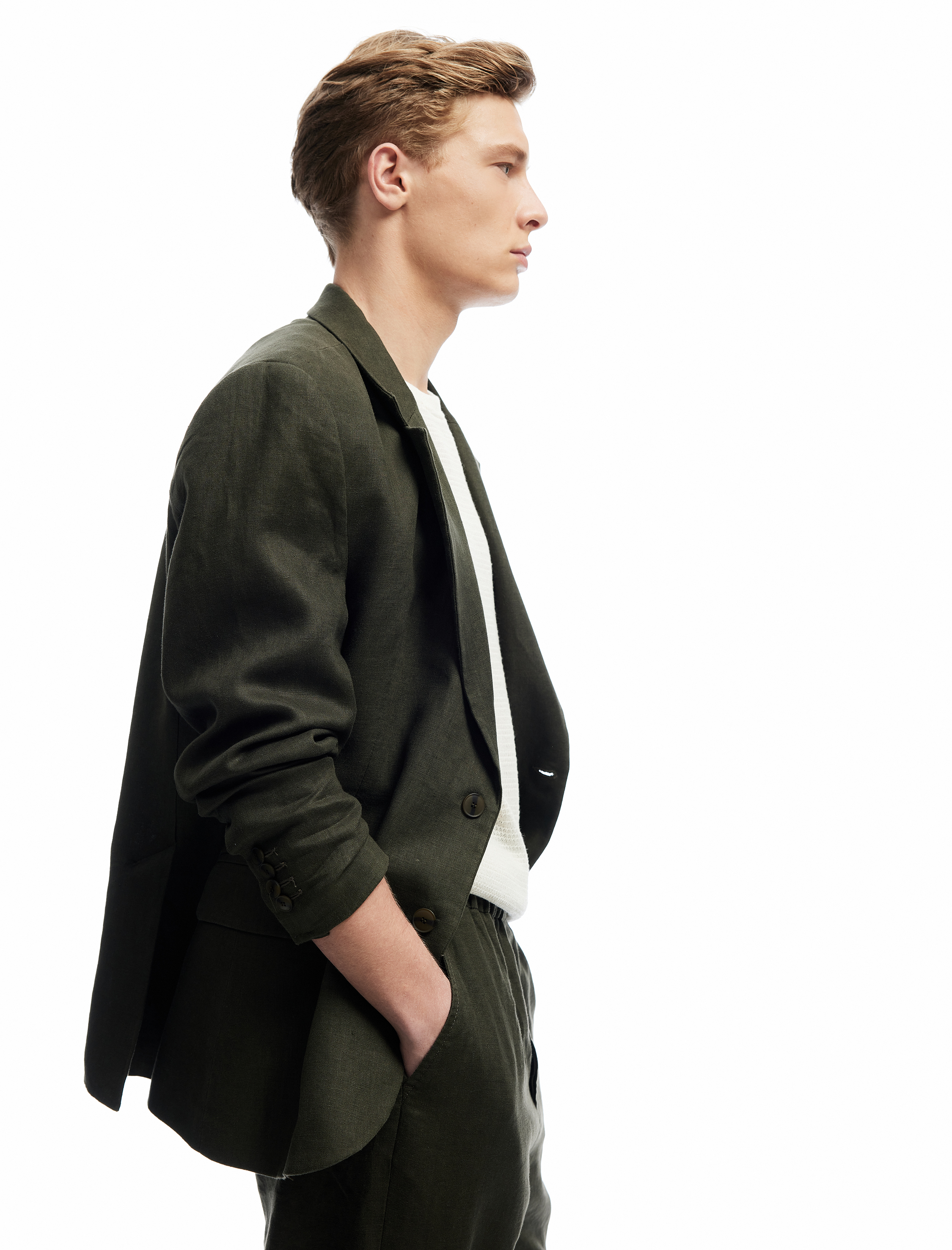   Düğmeli Kapaklı Cep Detaylı Mono Yaka Keten Blazer Ceket