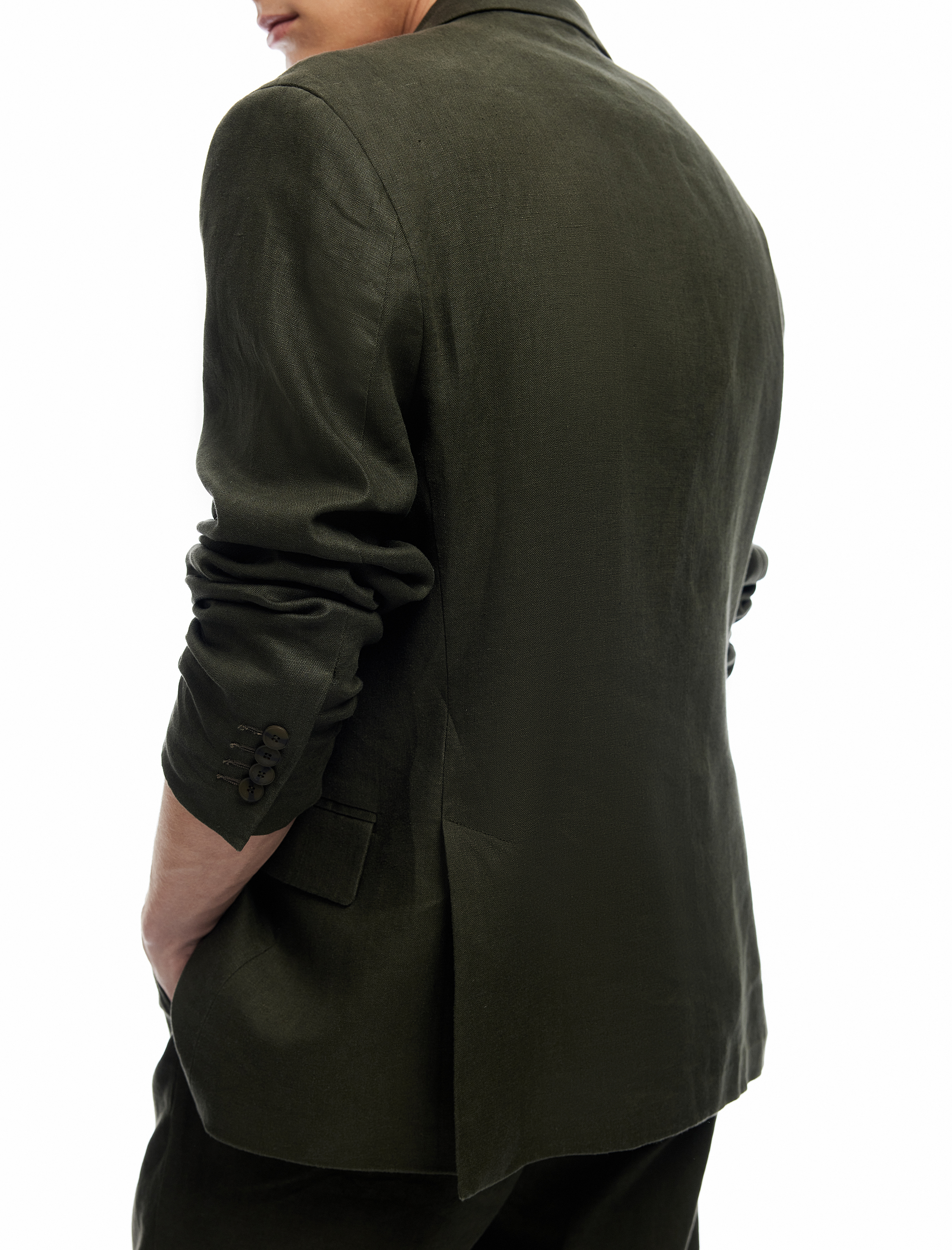   Düğmeli Kapaklı Cep Detaylı Mono Yaka Keten Blazer Ceket