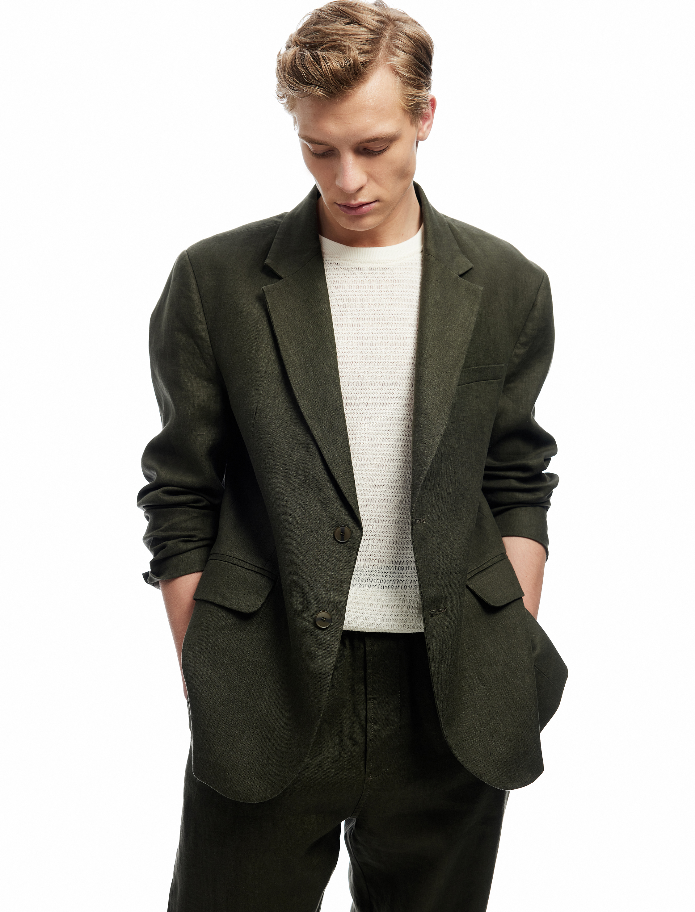   Düğmeli Kapaklı Cep Detaylı Mono Yaka Keten Blazer Ceket