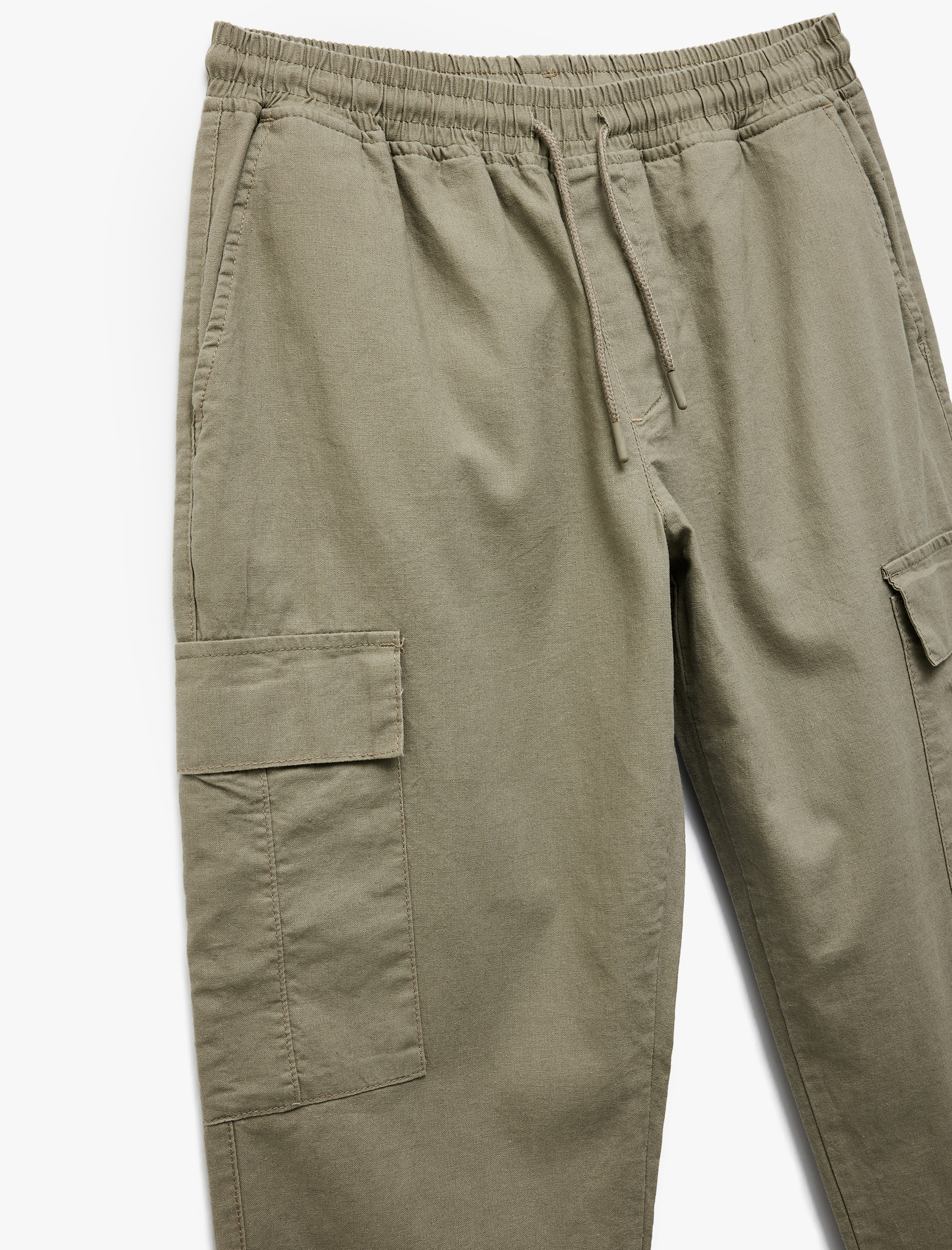   Beli Bağcıklı Cep Detaylı Keten Pamuk Karışımlı Kargo Pantolon