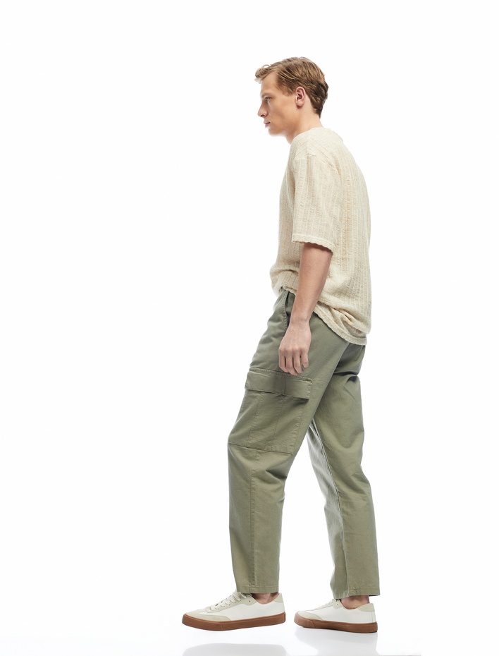  Beli Bağcıklı Cep Detaylı Keten Pamuk Karışımlı Kargo Pantolon