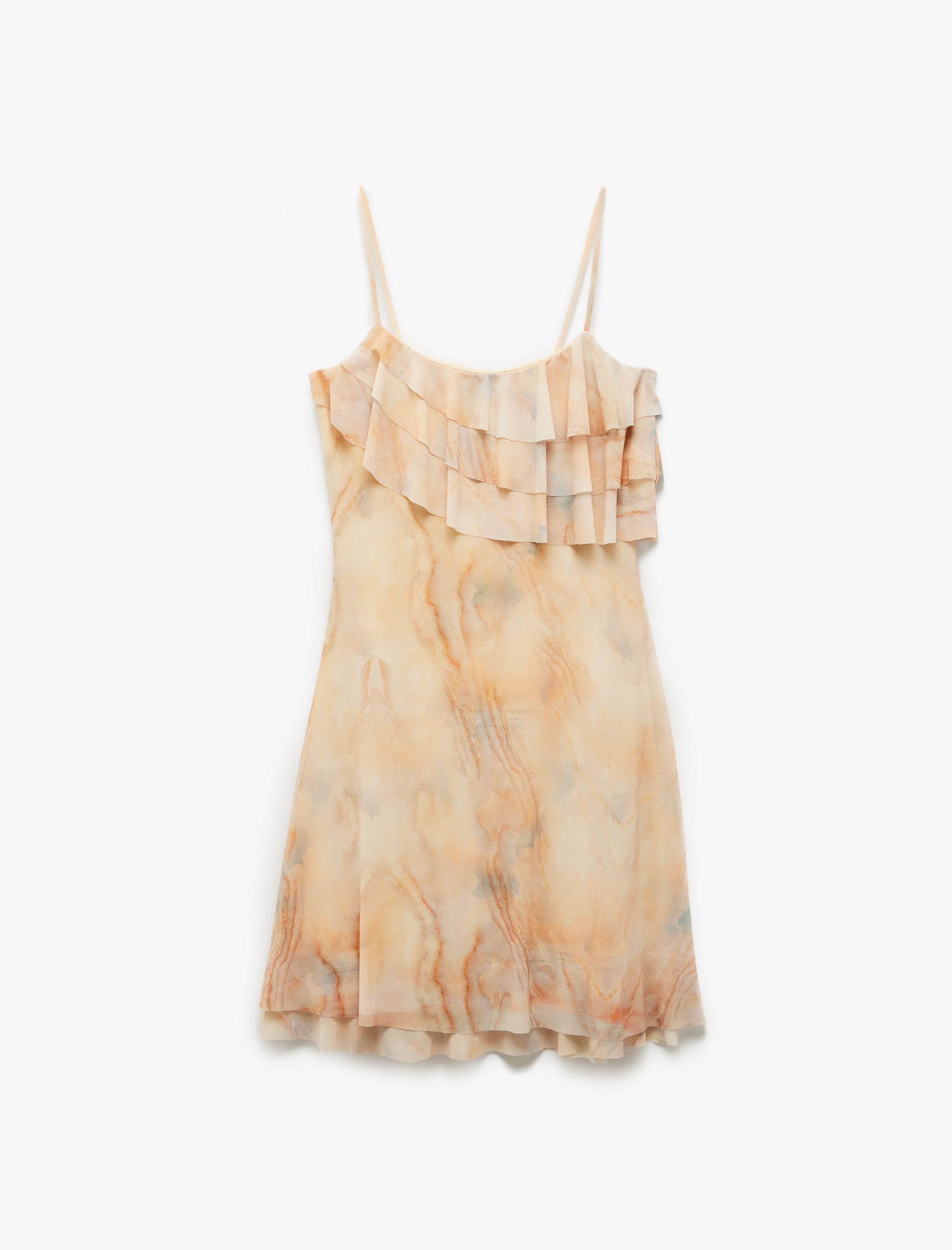   Koton X Şahika Ercümen -  Batik Desenli İnce Askılı Fırfırlı Şifon Mini Elbise