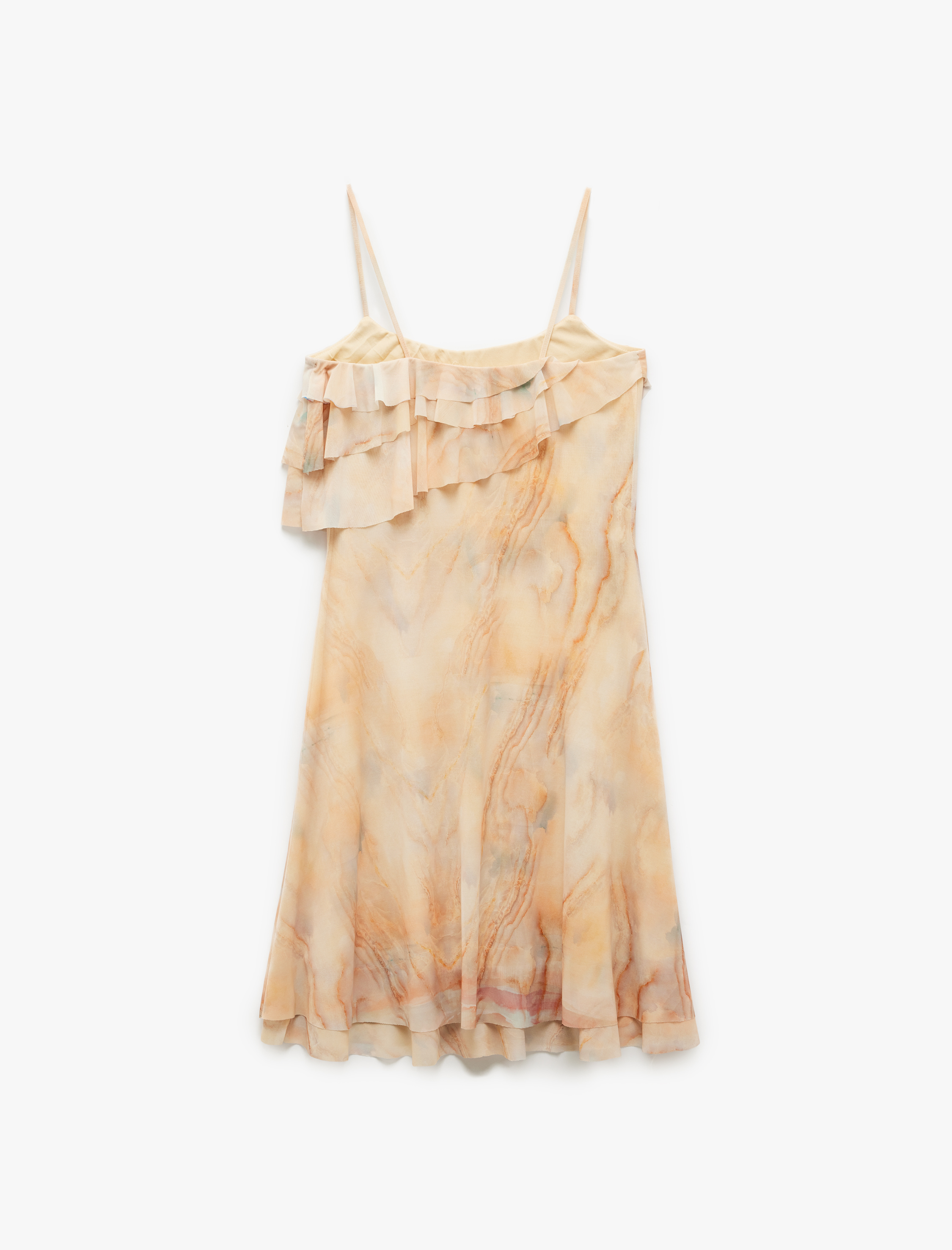   Koton X Şahika Ercümen -  Batik Desenli İnce Askılı Fırfırlı Şifon Mini Elbise