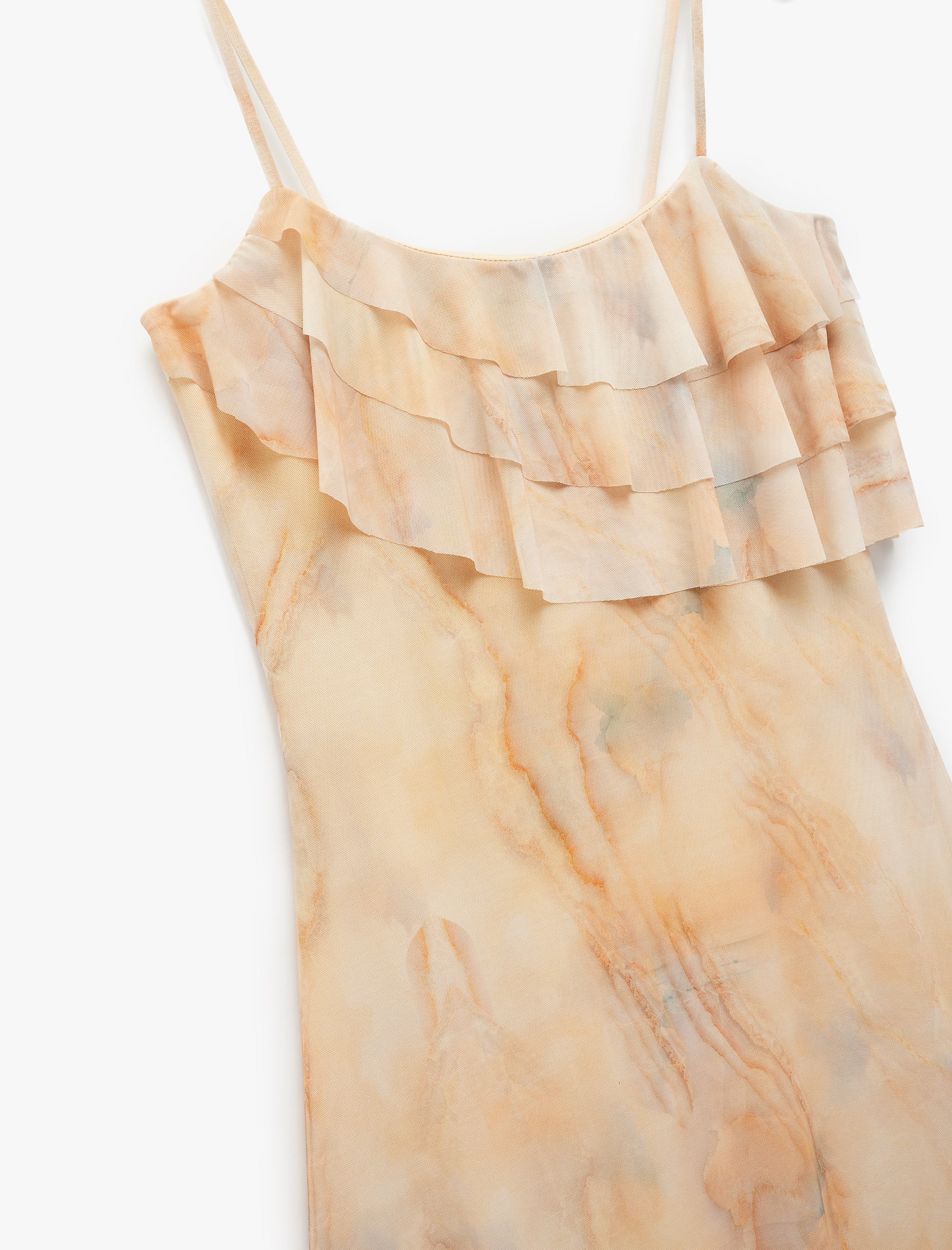   Koton X Şahika Ercümen -  Batik Desenli İnce Askılı Fırfırlı Şifon Mini Elbise