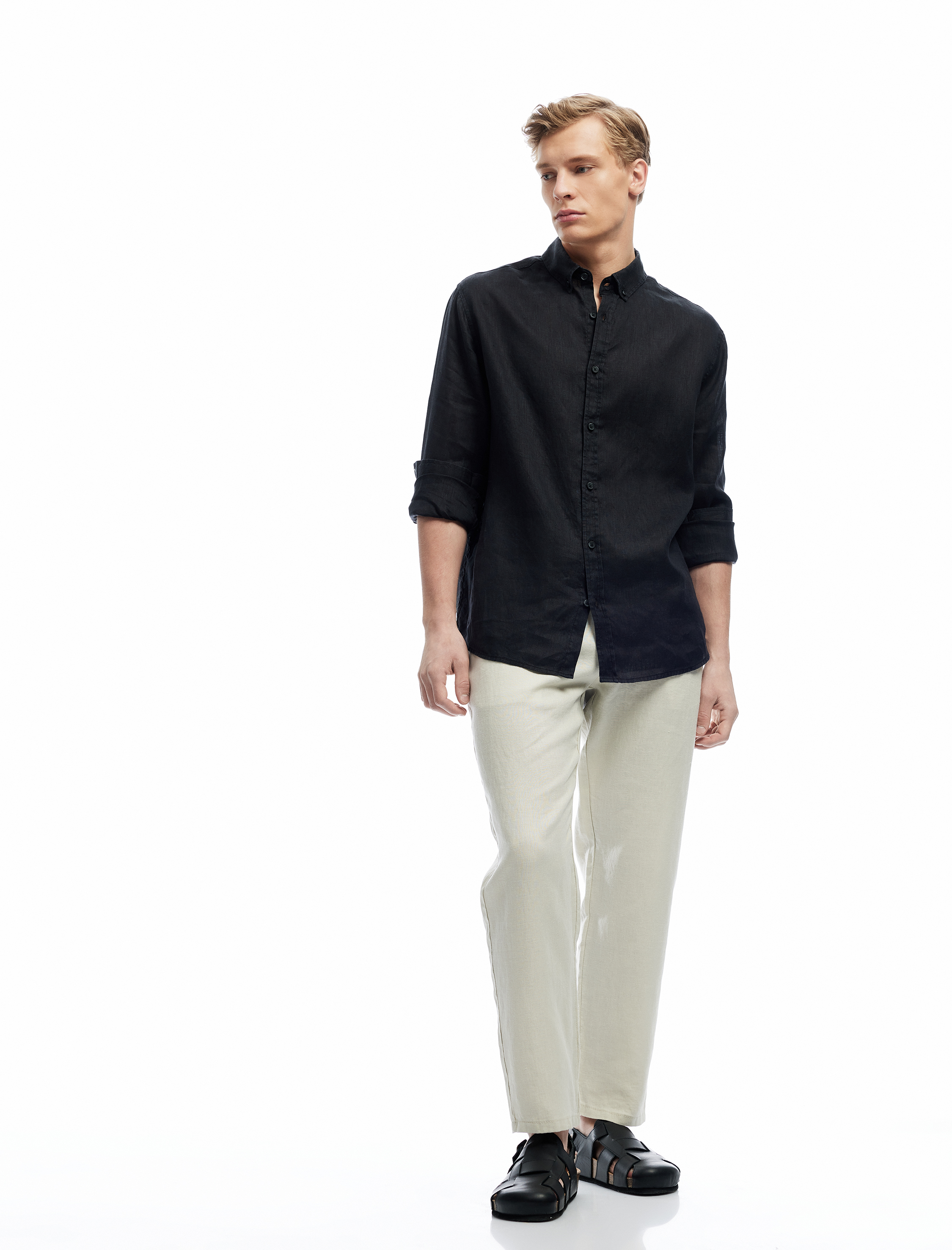   Uzun Kollu Regular Fit Düğmeli Yaka Klasik Keten Gömlek