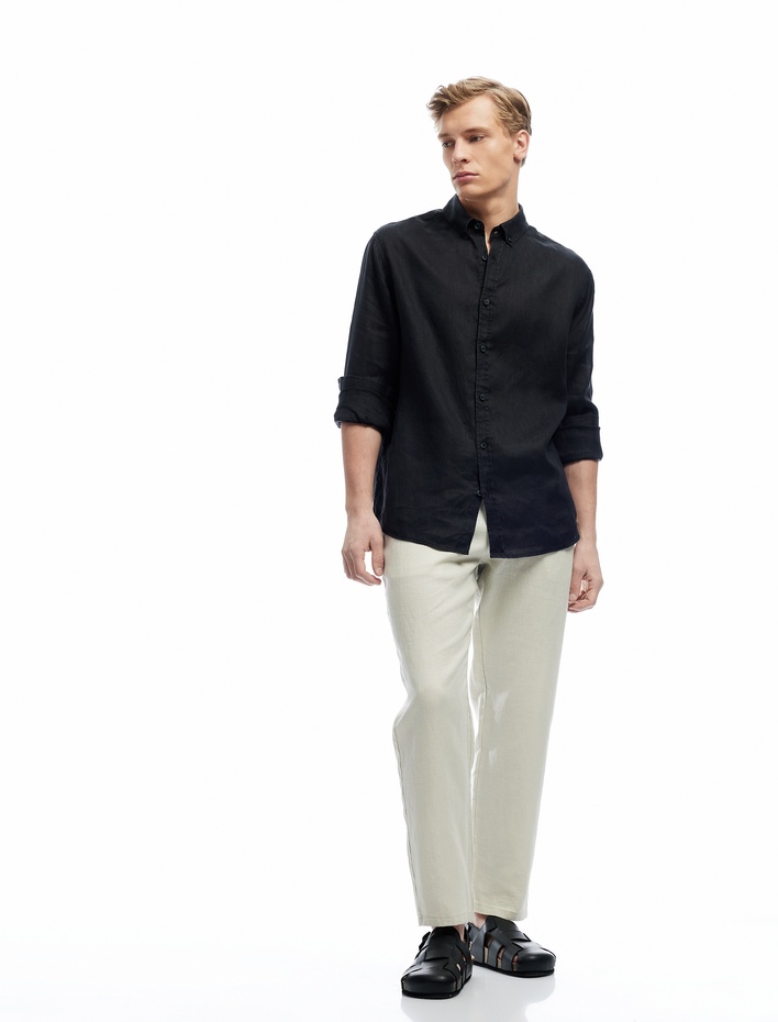  Uzun Kollu Regular Fit Düğmeli Yaka Klasik Keten Gömlek