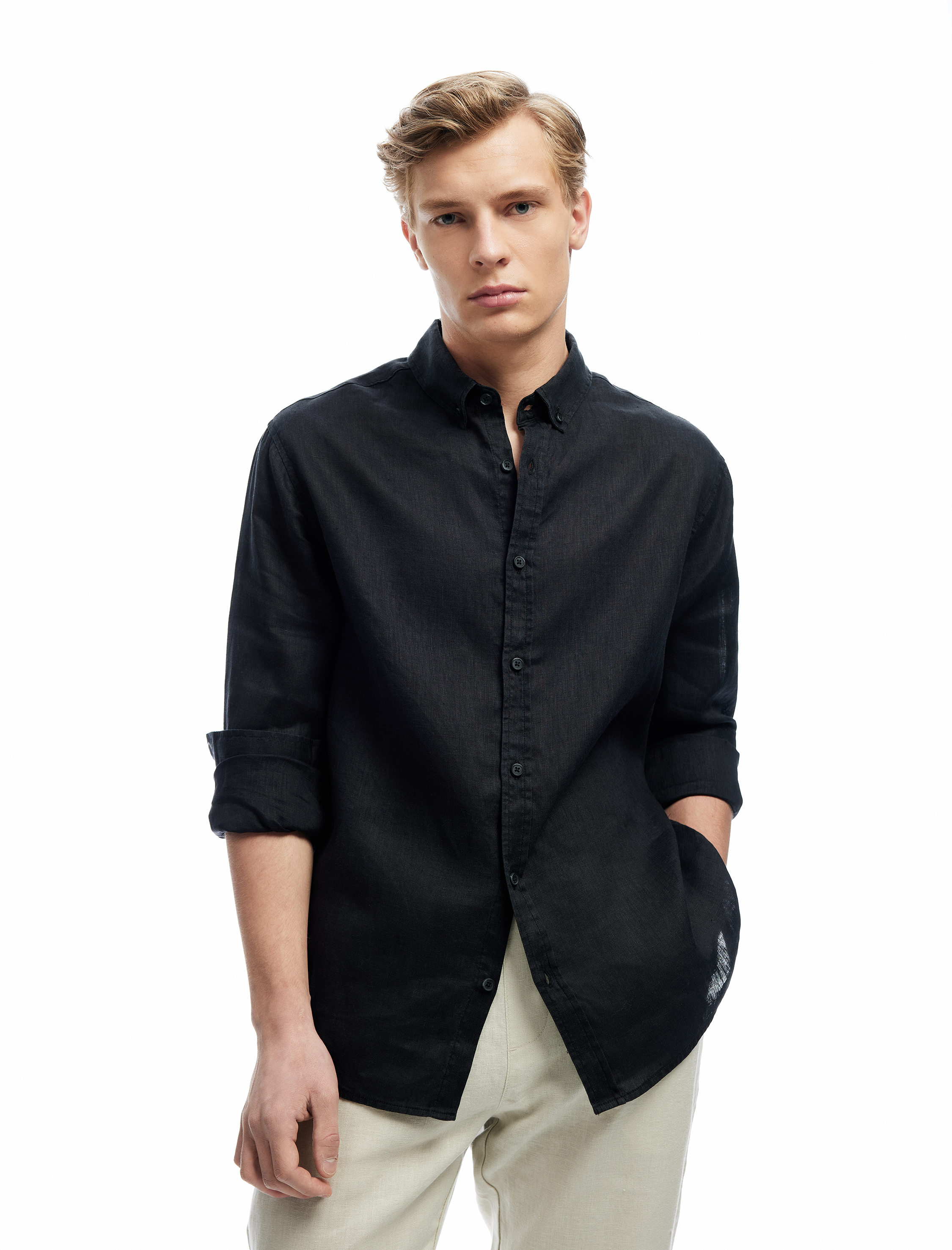   Uzun Kollu Regular Fit Düğmeli Yaka Klasik Keten Gömlek