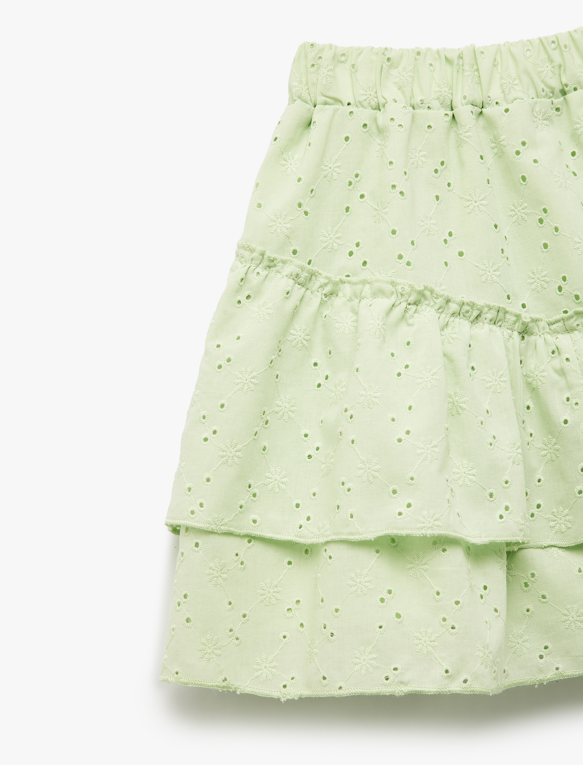  Kız Çocuk Beli Lastikli Pamuklu Kat Detaylı Brodeli Mini Etek