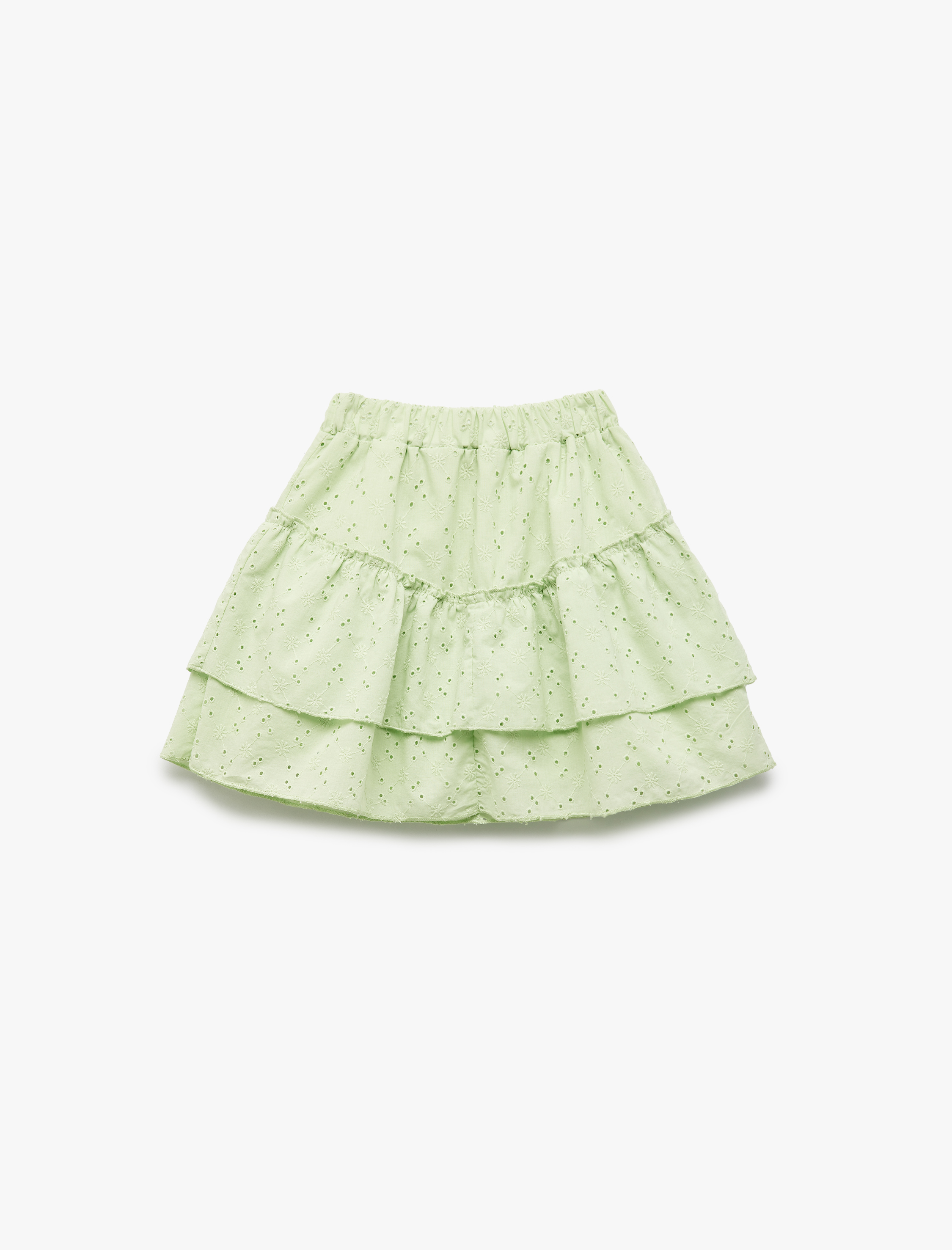  Kız Çocuk Beli Lastikli Pamuklu Kat Detaylı Brodeli Mini Etek