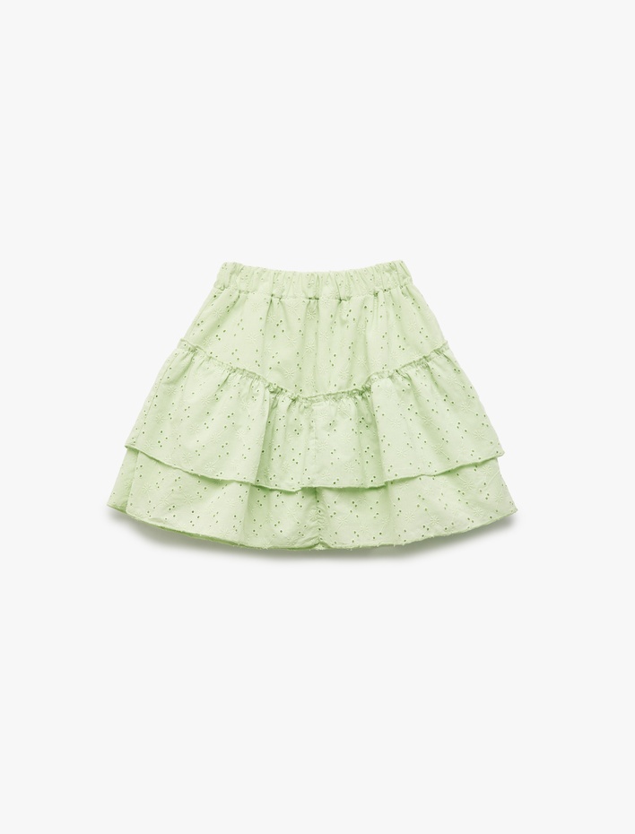 Kız Çocuk Beli Lastikli Pamuklu Kat Detaylı Brodeli Mini Etek