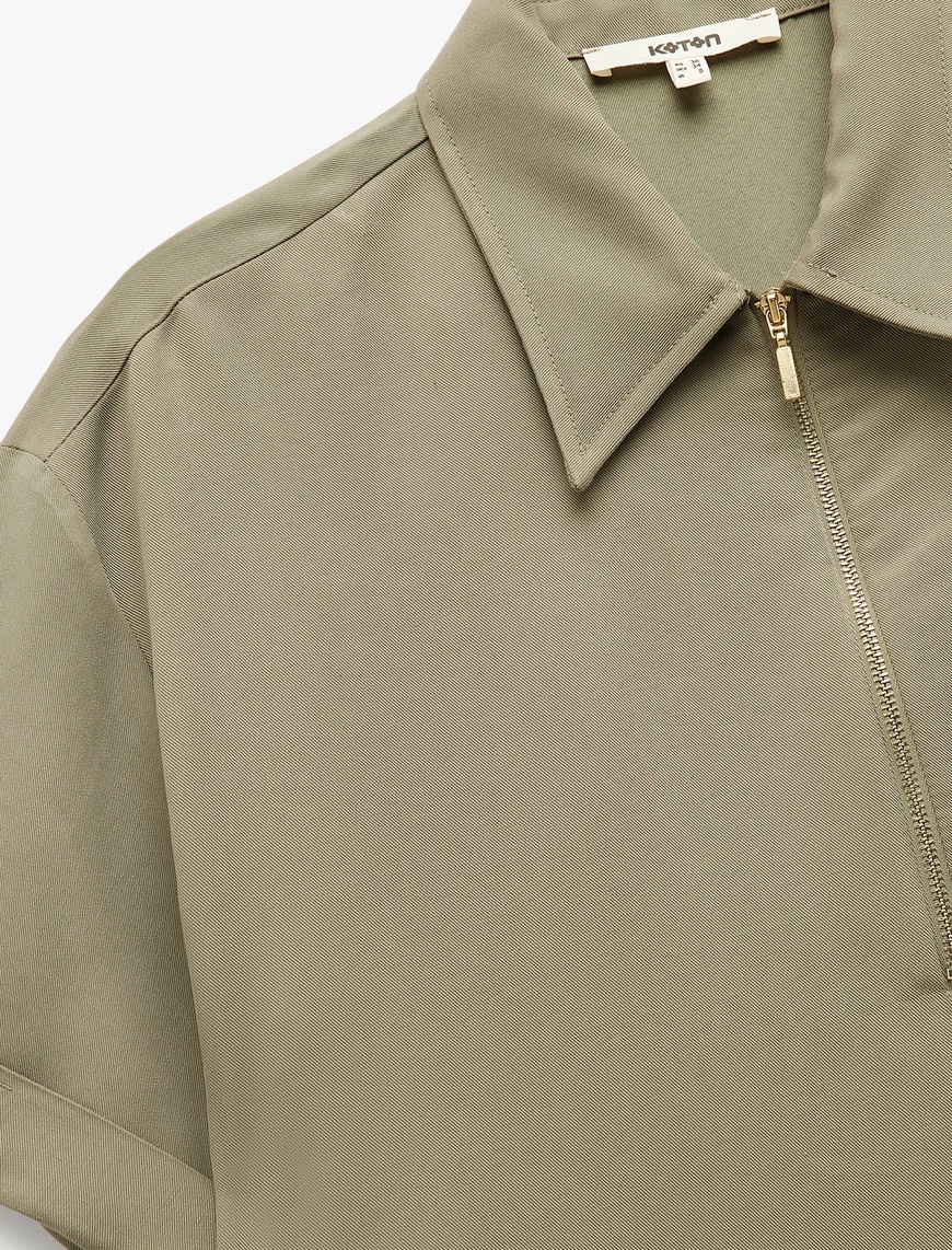   Modal Kumaş Yarım Fermuarlı Kısa Kollu Polo Yaka Oversize Bluz