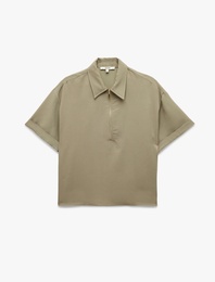 Modal Kumaş Yarım Fermuarlı Kısa Kollu Polo Yaka Oversize Bluz