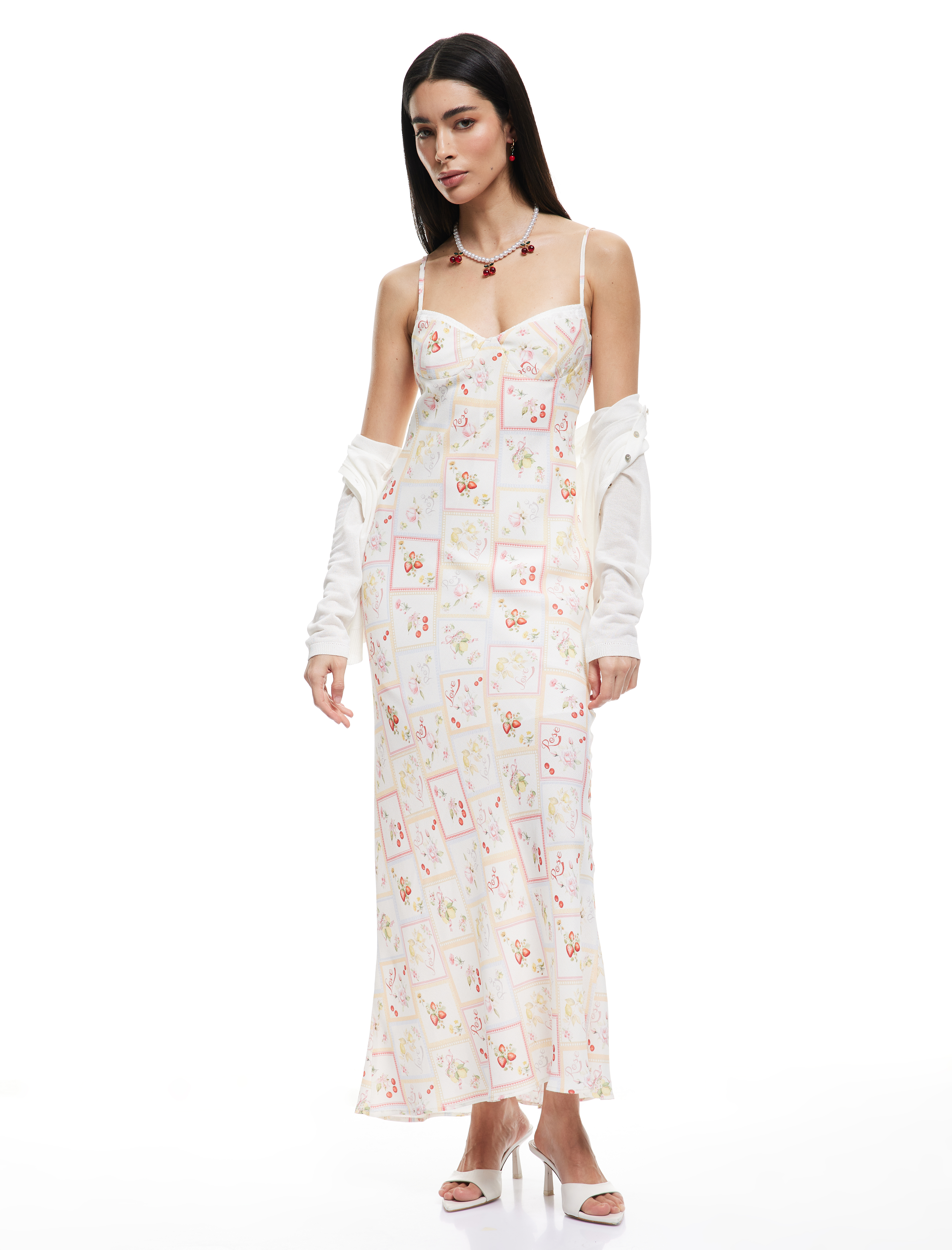   Koton X Sibil Çetinkaya - Viskon Kumaş Astarlı Meyve Baskılı Kalp Yaka İnce Askılı Uzun Elbise