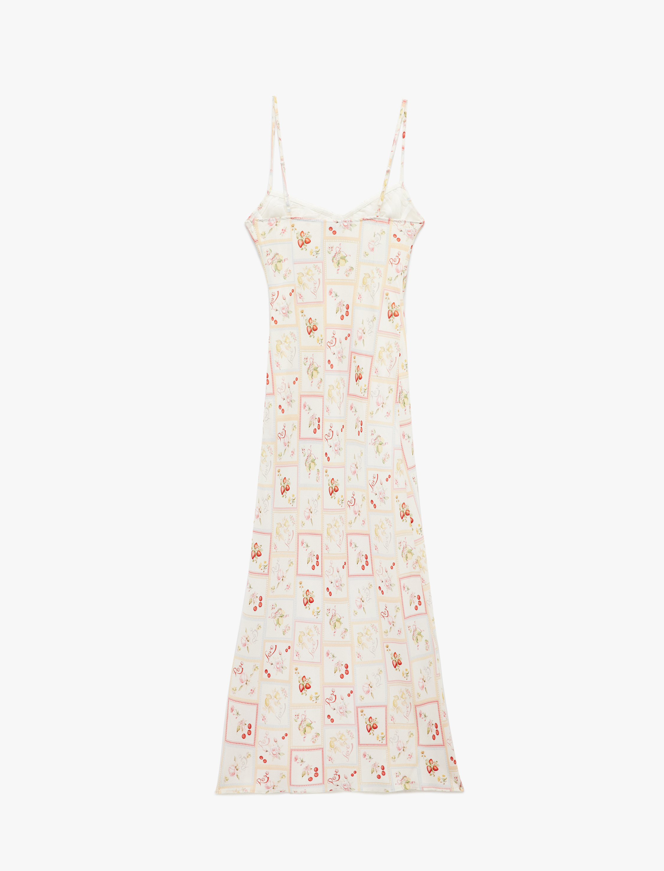   Koton X Sibil Çetinkaya - Viskon Kumaş Astarlı Meyve Baskılı Kalp Yaka İnce Askılı Uzun Elbise