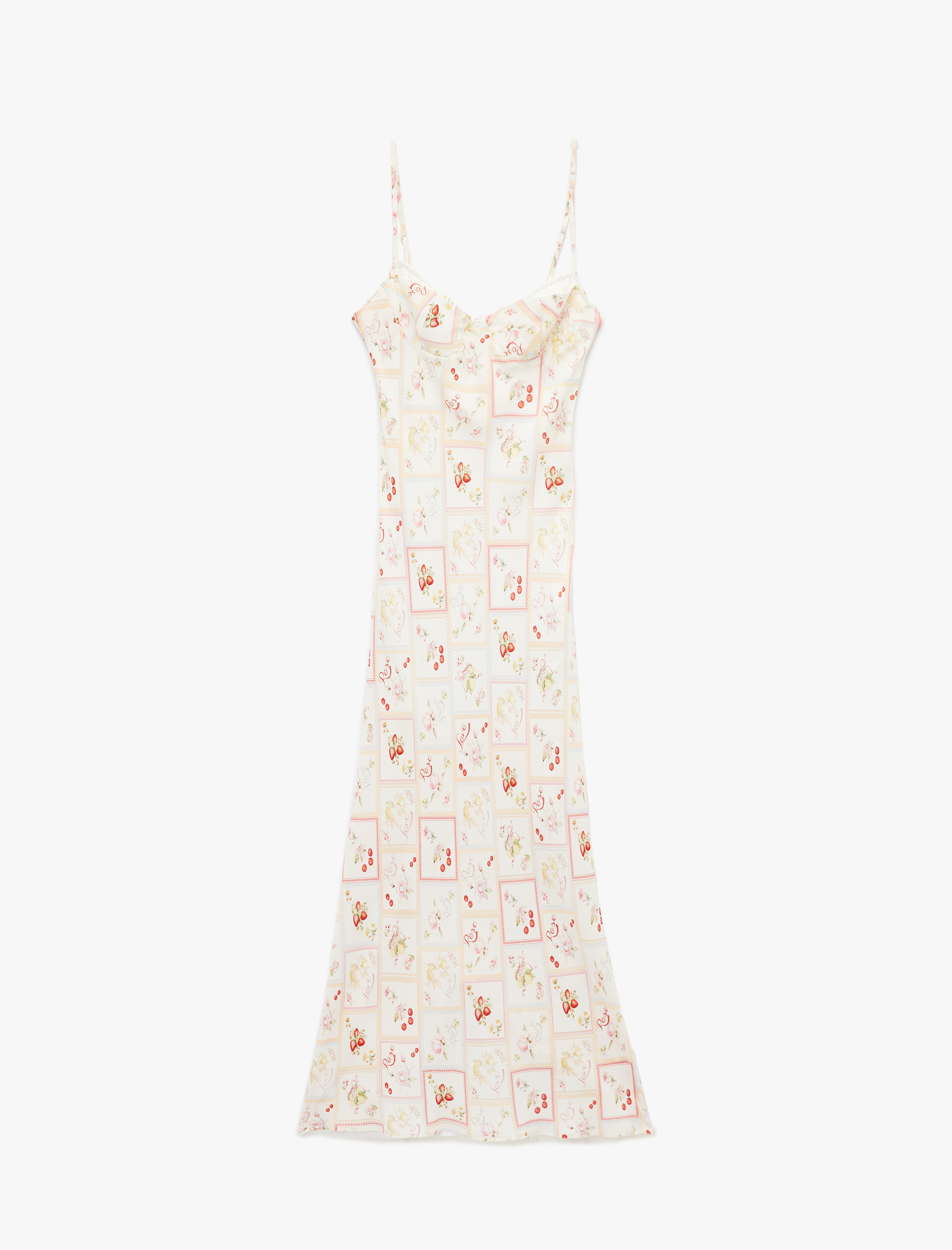   Koton X Sibil Çetinkaya - Viskon Kumaş Astarlı Meyve Baskılı Kalp Yaka İnce Askılı Uzun Elbise