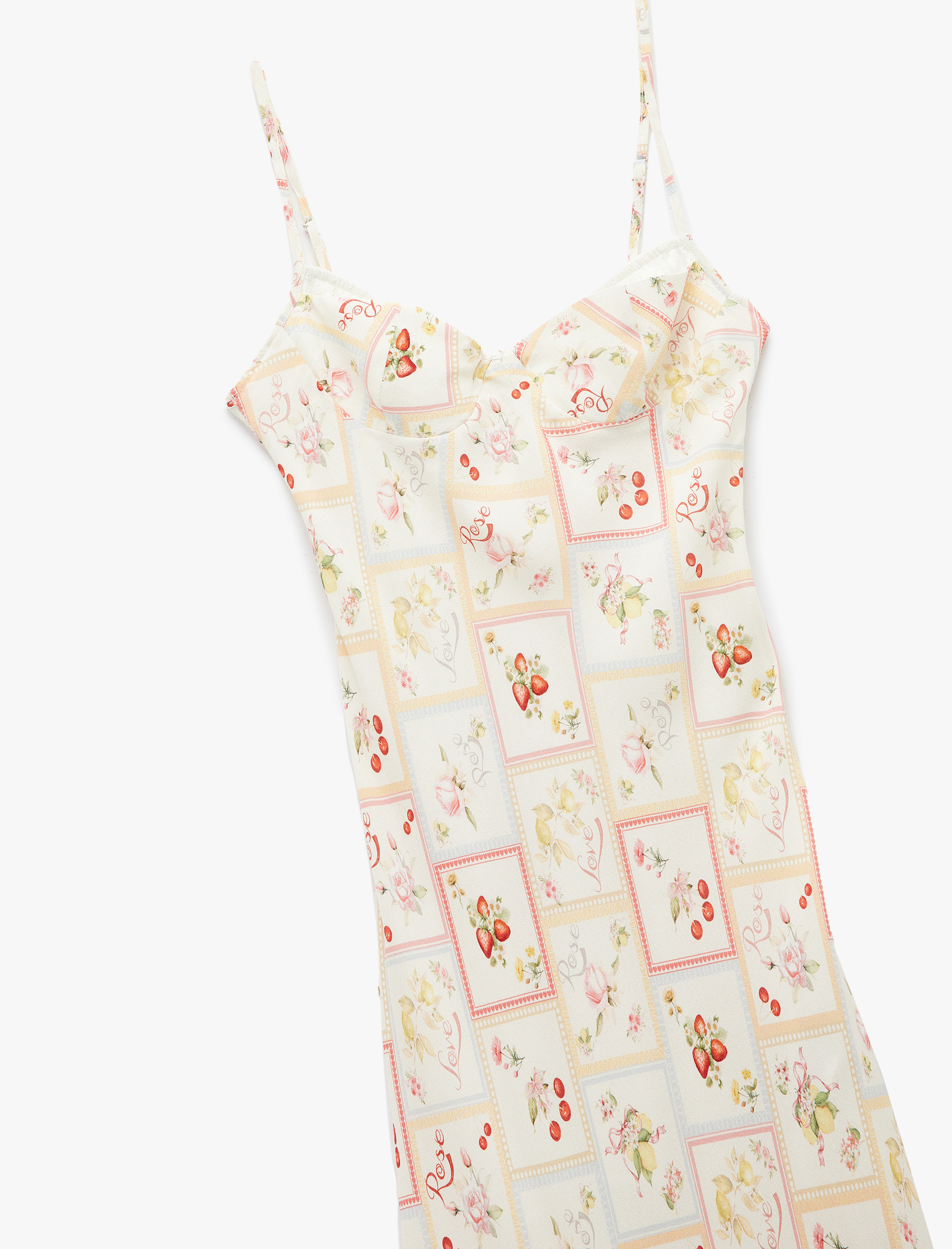   Koton X Sibil Çetinkaya - Viskon Kumaş Astarlı Meyve Baskılı Kalp Yaka İnce Askılı Uzun Elbise