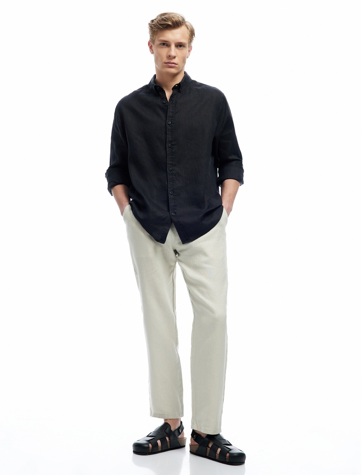  Beli Bağcıklı Cep Detaylı Keten Chino Pantolon